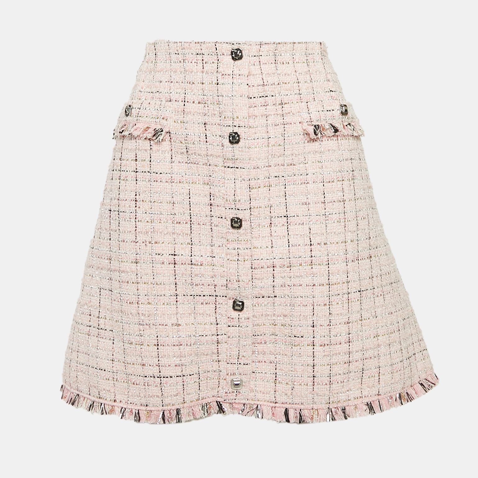 

Maje Pink Lurex Tweed Fringed Hem Knee-Length Skirt XL