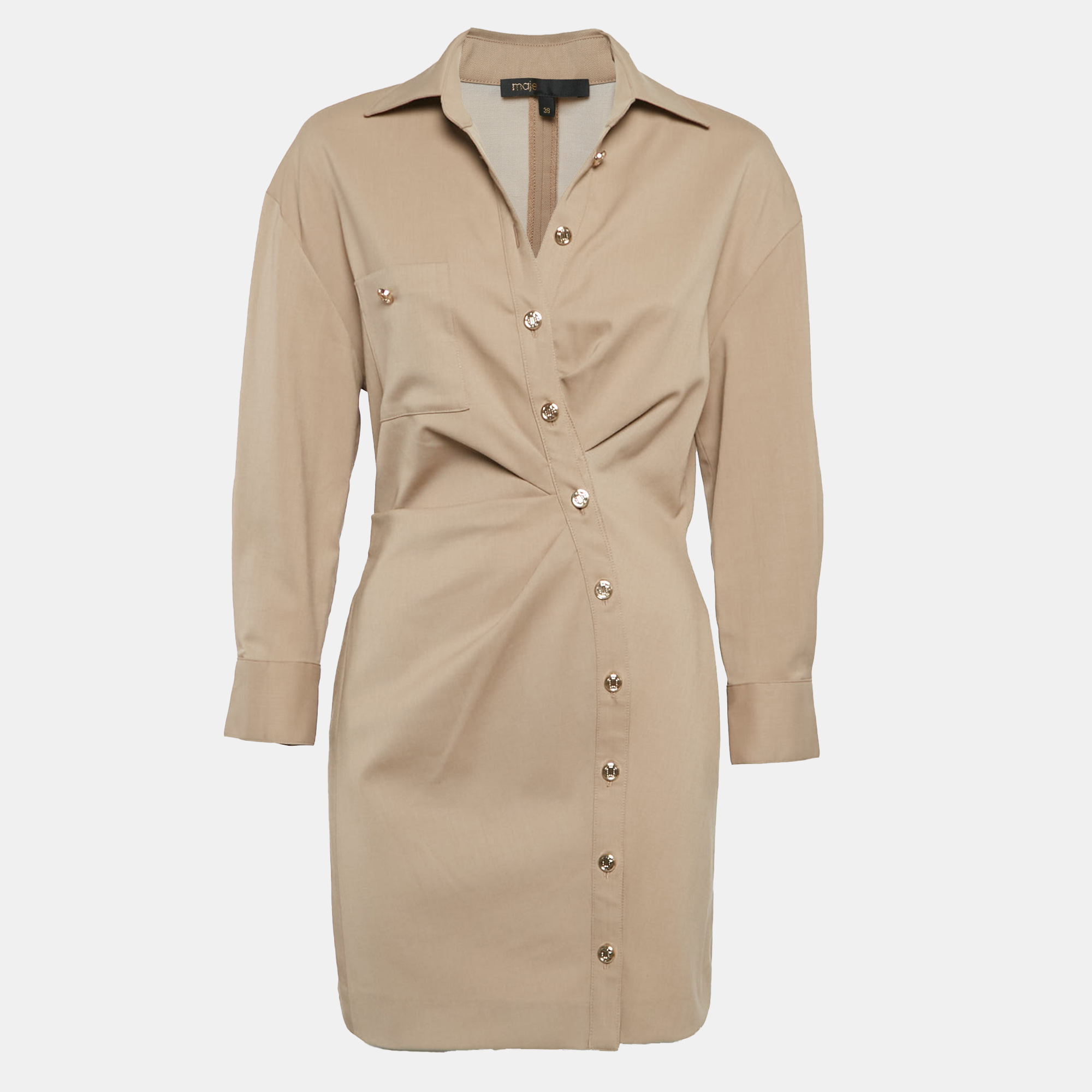 

Maje Beige Wool Ruched Mini Shirt Dress S