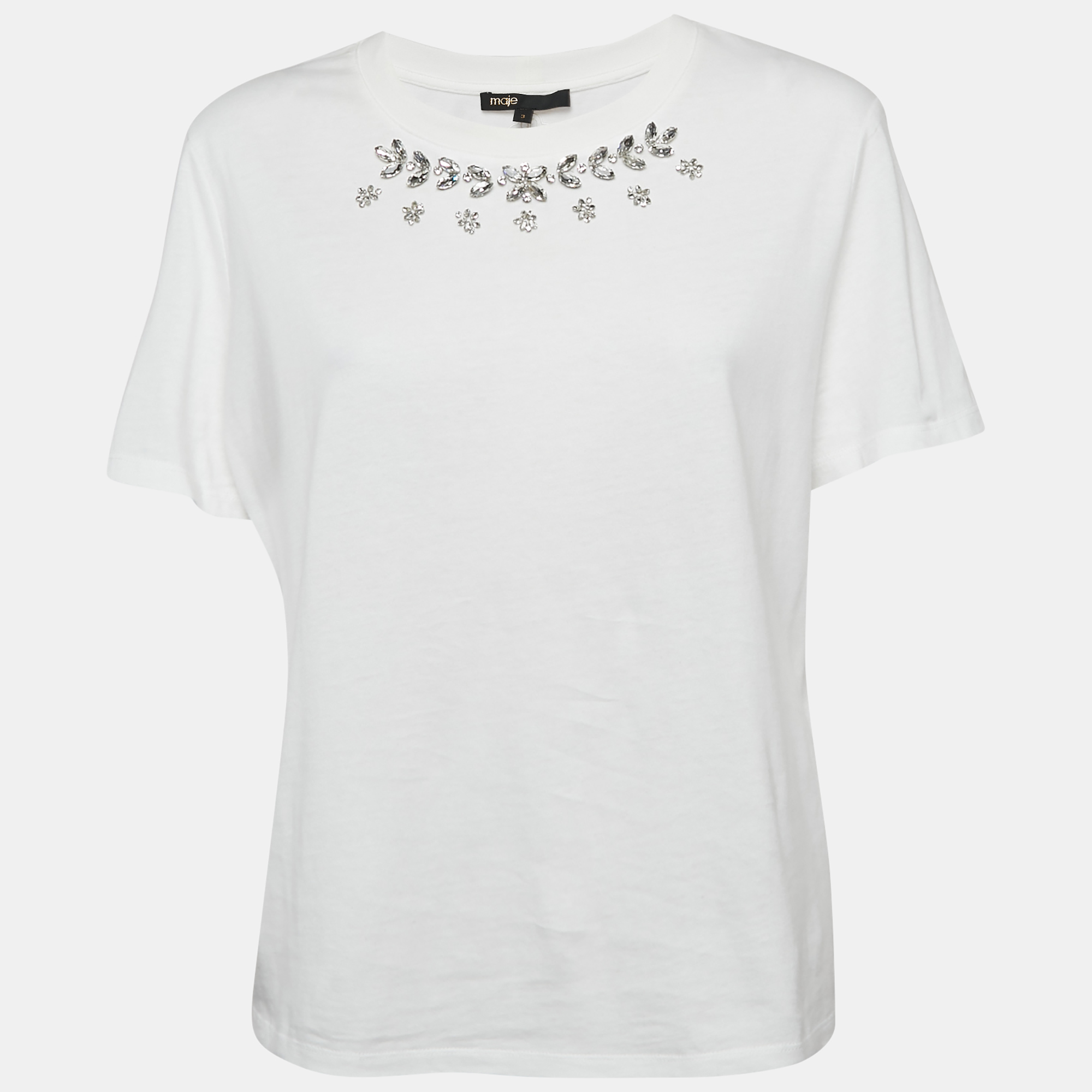 Pre-owned Maje White Studded Cotton Round Neck T-shirt L