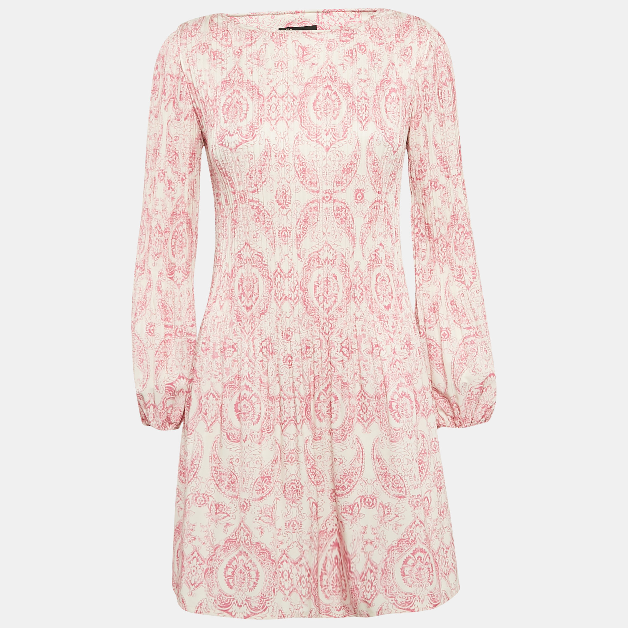 

Maje White/Pink Paisley Print Crepe Pleated Mini Dress XS