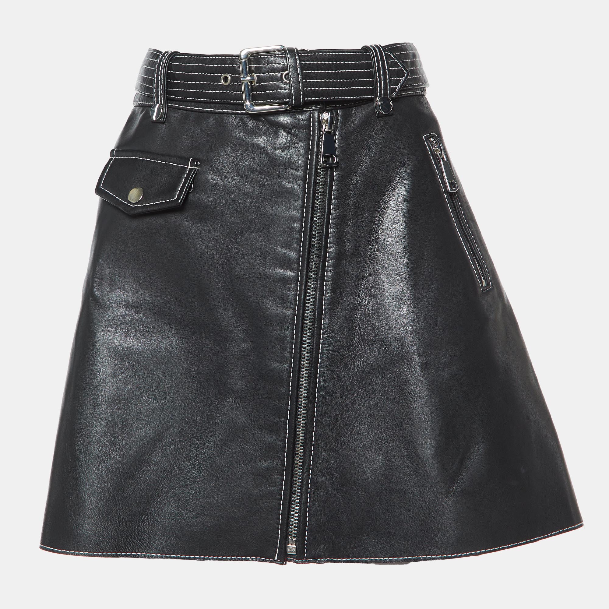 

Maje Black Leather Zip-Up Belted Mini Skirt M