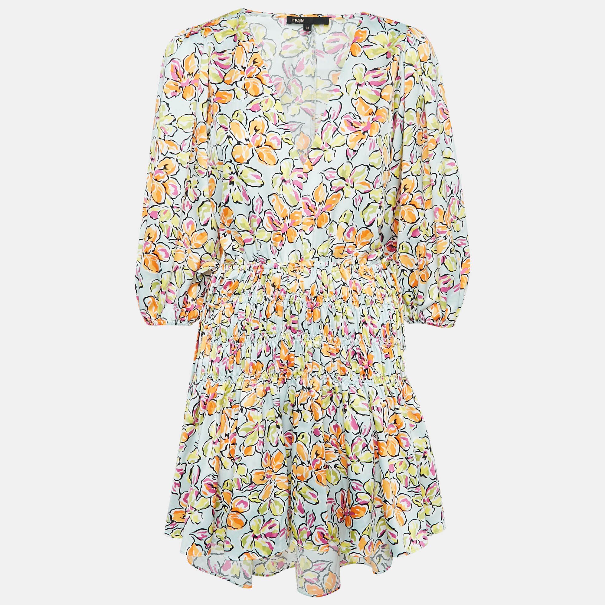 

Maje Multicolor Floral Print Satin Cut-Out Smocked Mini Dress M