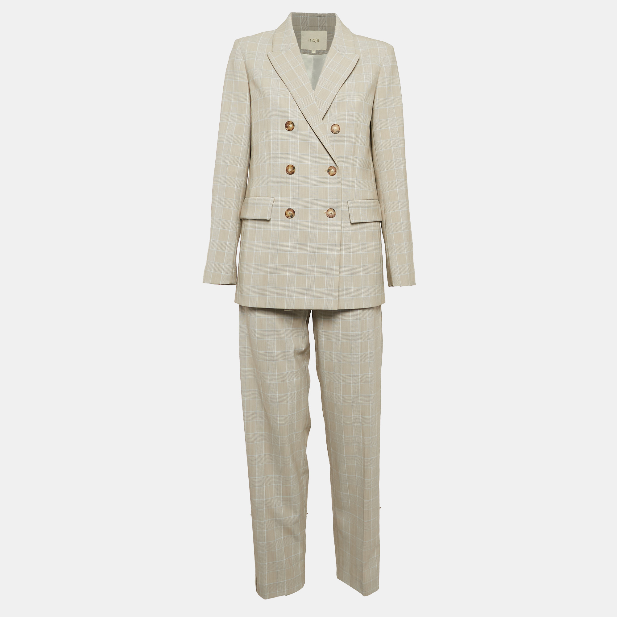 

Maje Beige Glen Check Crepe Double Breasted Pants Suit L