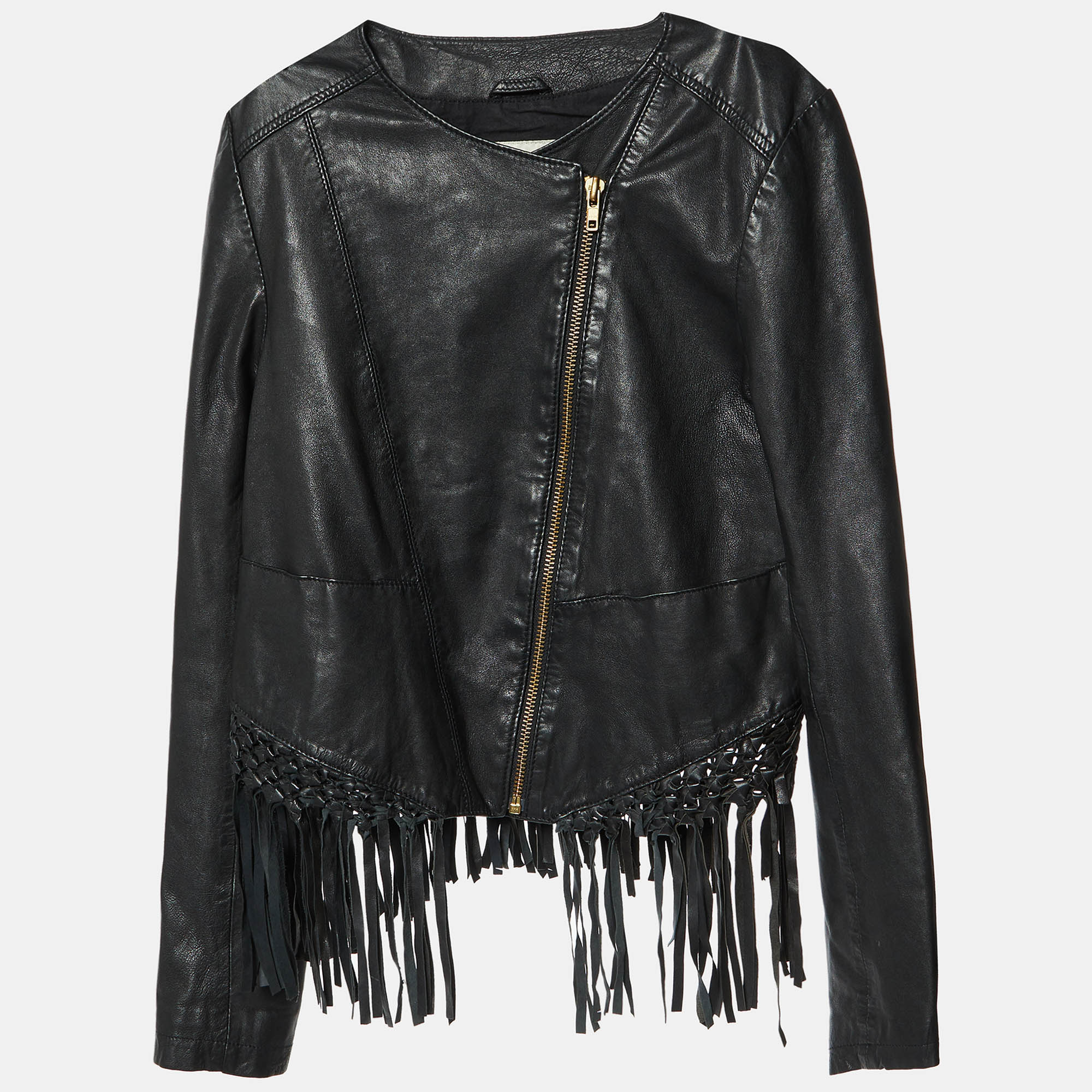 

Maje Black Leather Zip-Up Fringed Hem Detail Jacket M