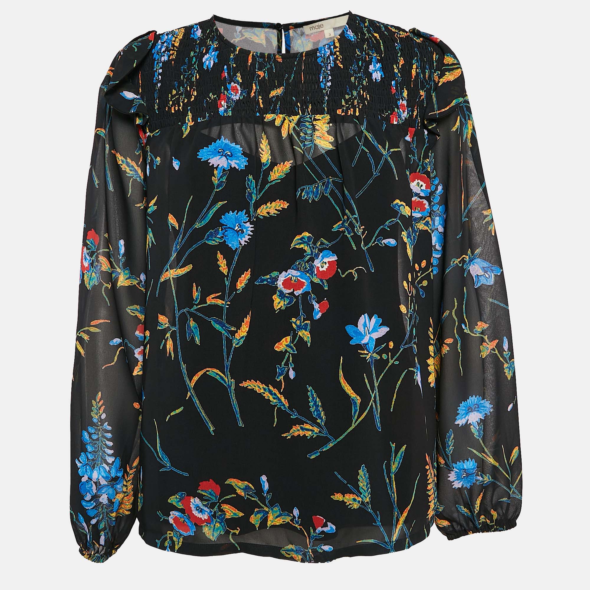 

Maje Black Floral Print Crepe Smocked Top L