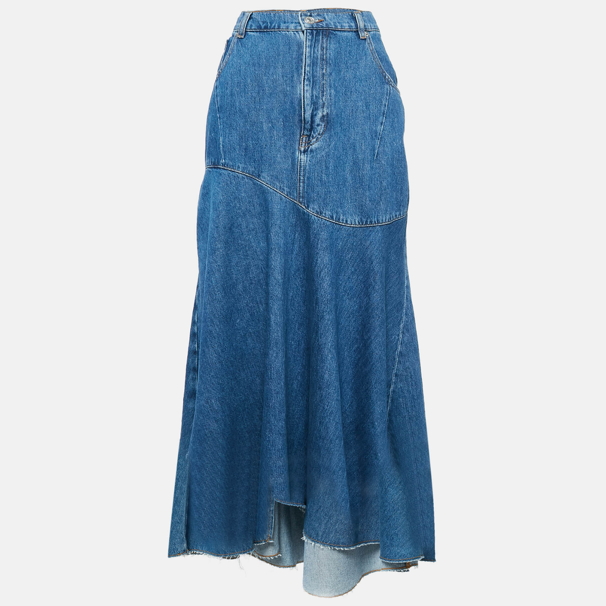 

Maje Blue Denim Flared Asymmetric Midi Skirt XL