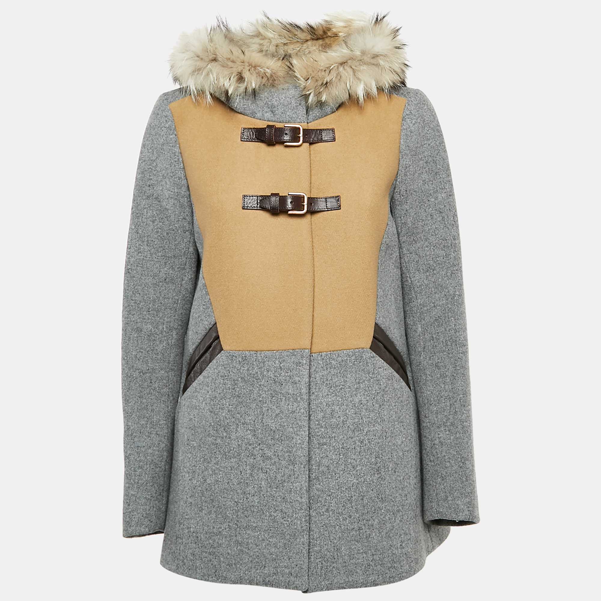 

Maje Grey Wool Buckle Detail Fur Hooded Coat M