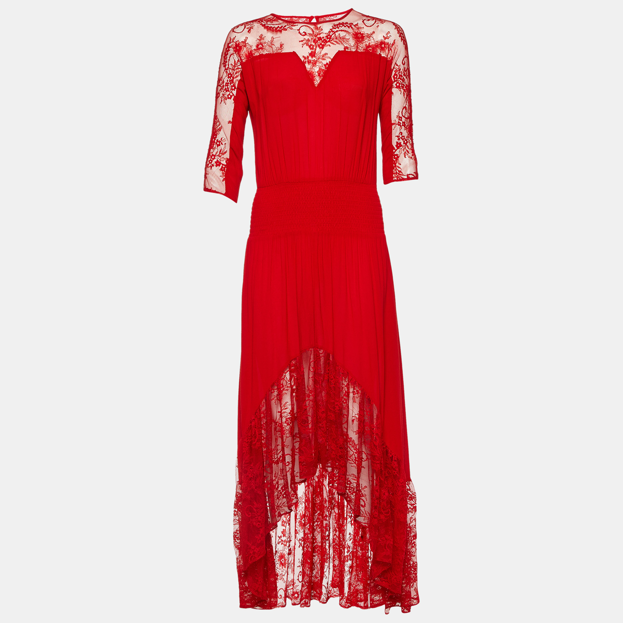 

Maje Rouge Crepe & Lace Ritema Midi Dress M, Red