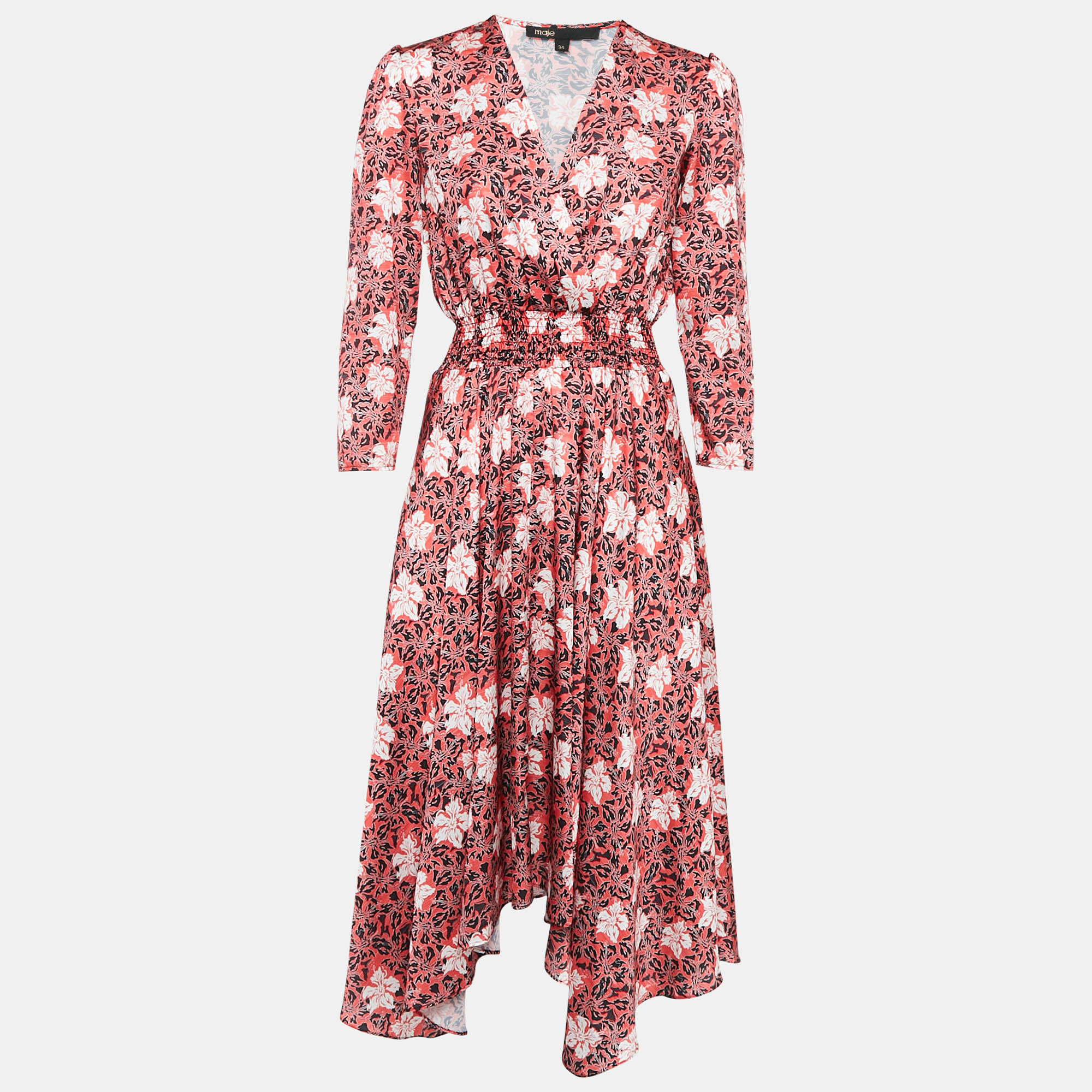 

Maje Red Floral Print Satin Midi Dress XS