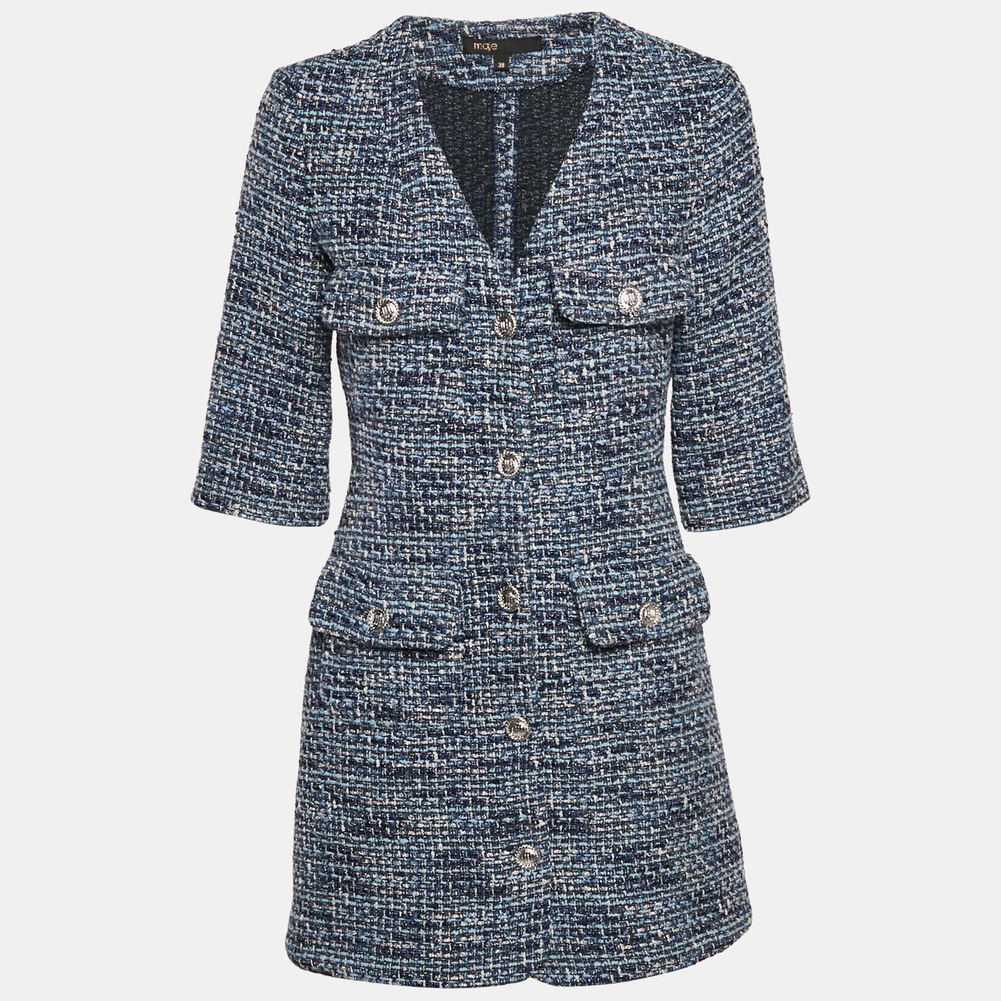 

Maje Blue Lurex Tweed Button Front Mini Dress M