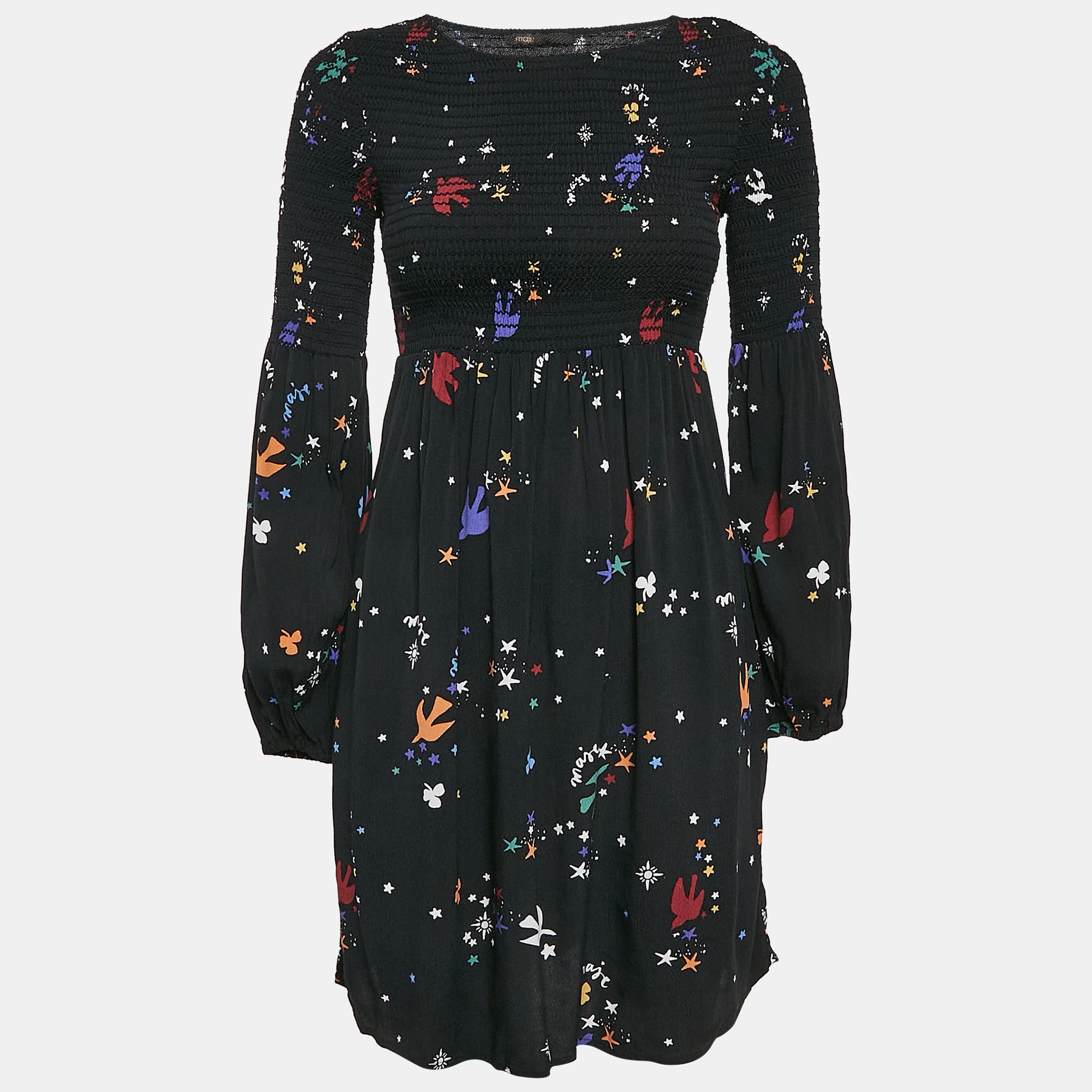 

Maje Black Bird and Star Print Crepe Smocked Reskita Mini Dress XS