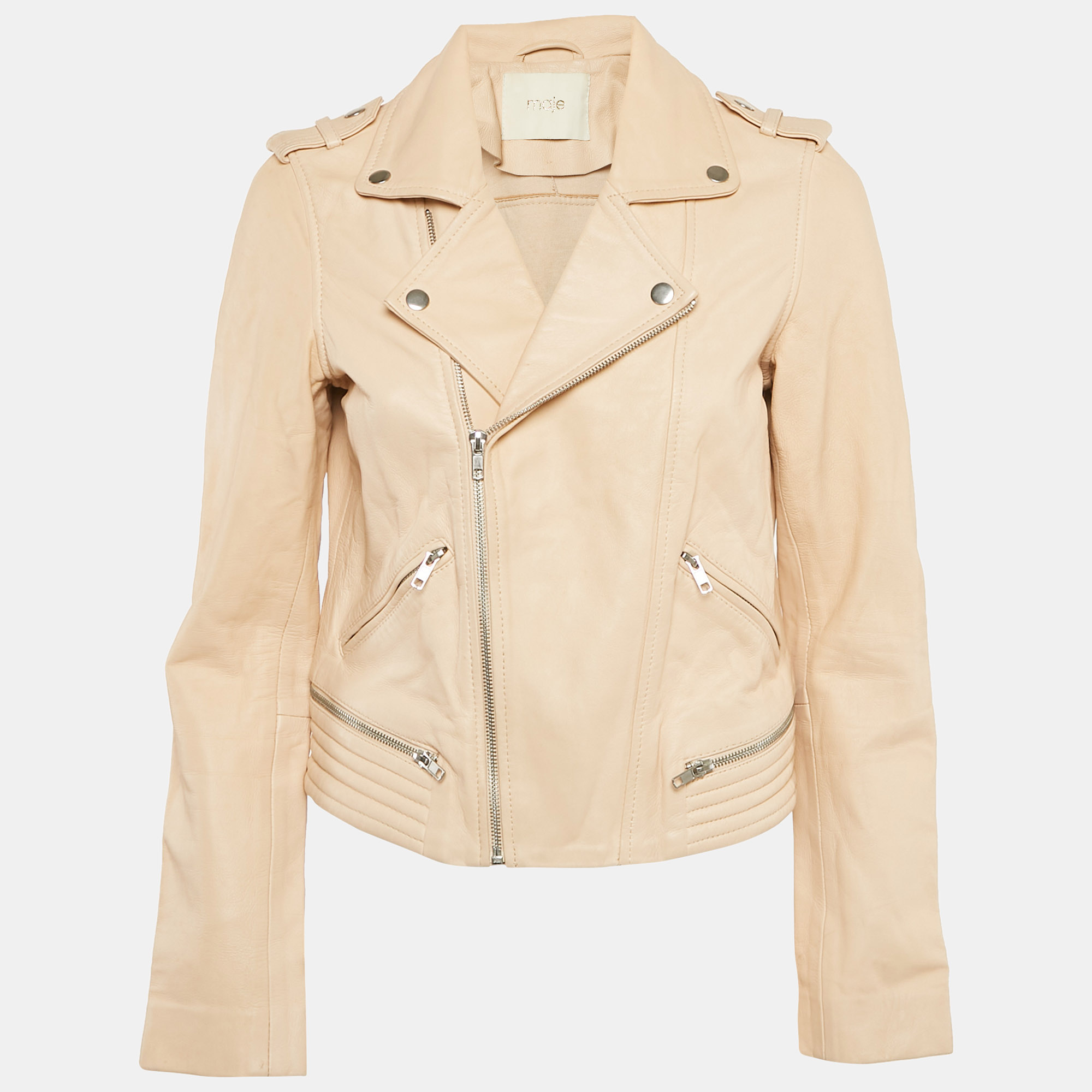 

Maje Pink Nude Leather Zip-Up Biker Jacket M