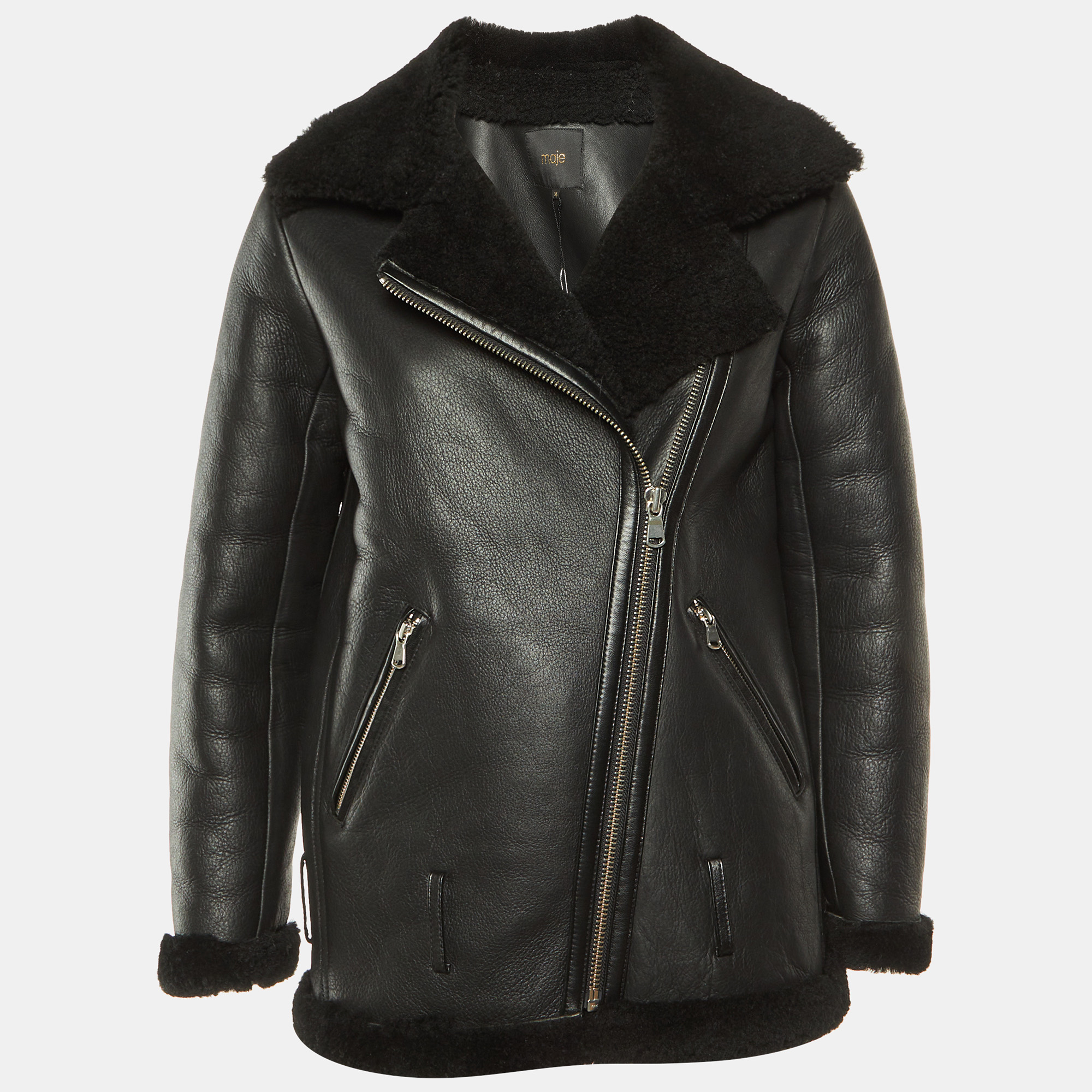 

Maje Black Leather Shearling Gombery Biker Jacket S