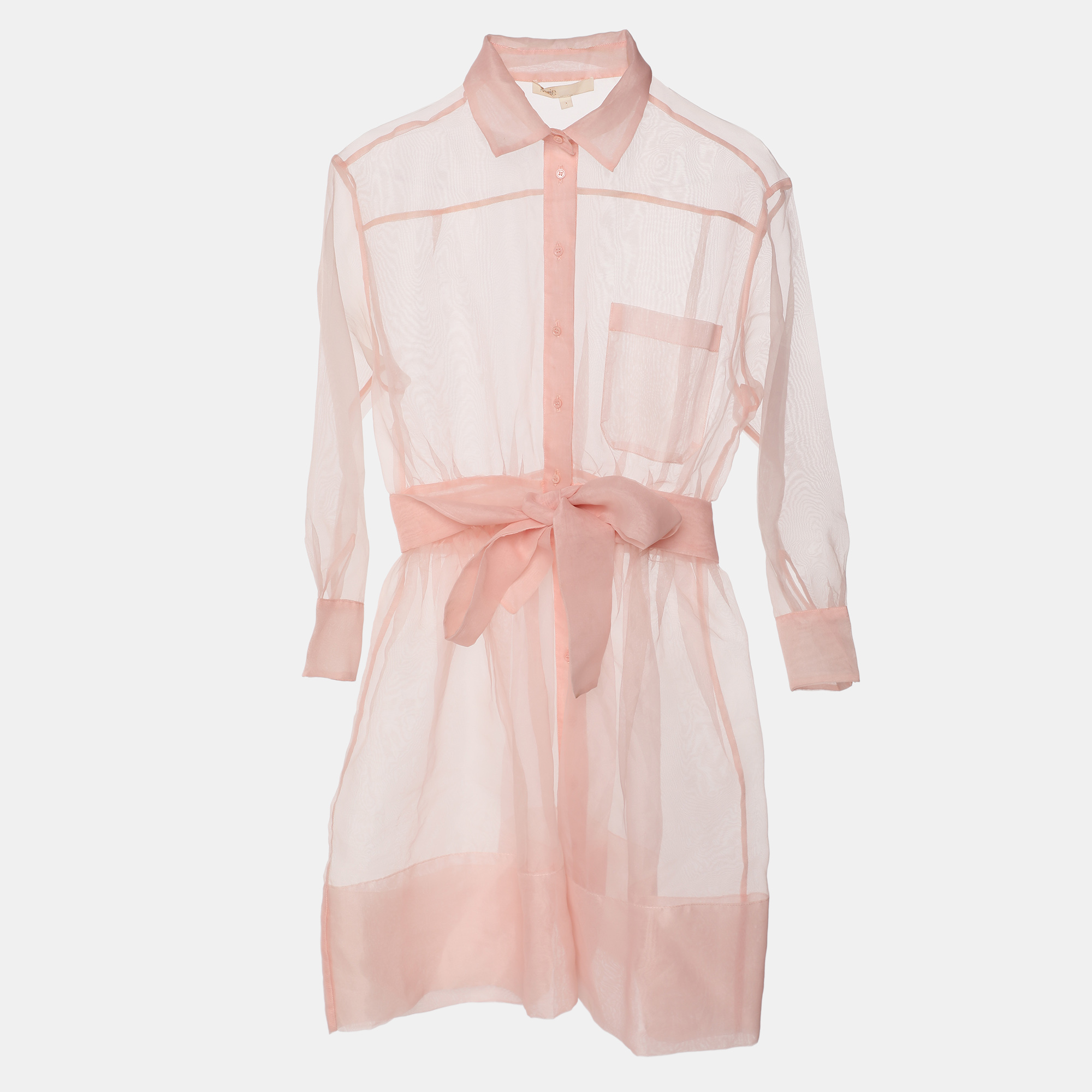 

Maje Rose Pale Organza Belted Mini Shirt Dress S, Pink