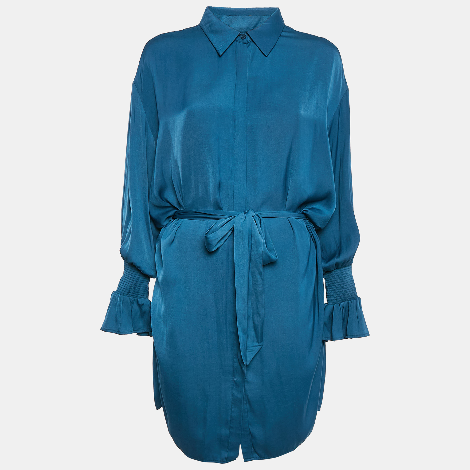 

Maje Blue Silk Shirring Detail Belted Shirt Dress XL