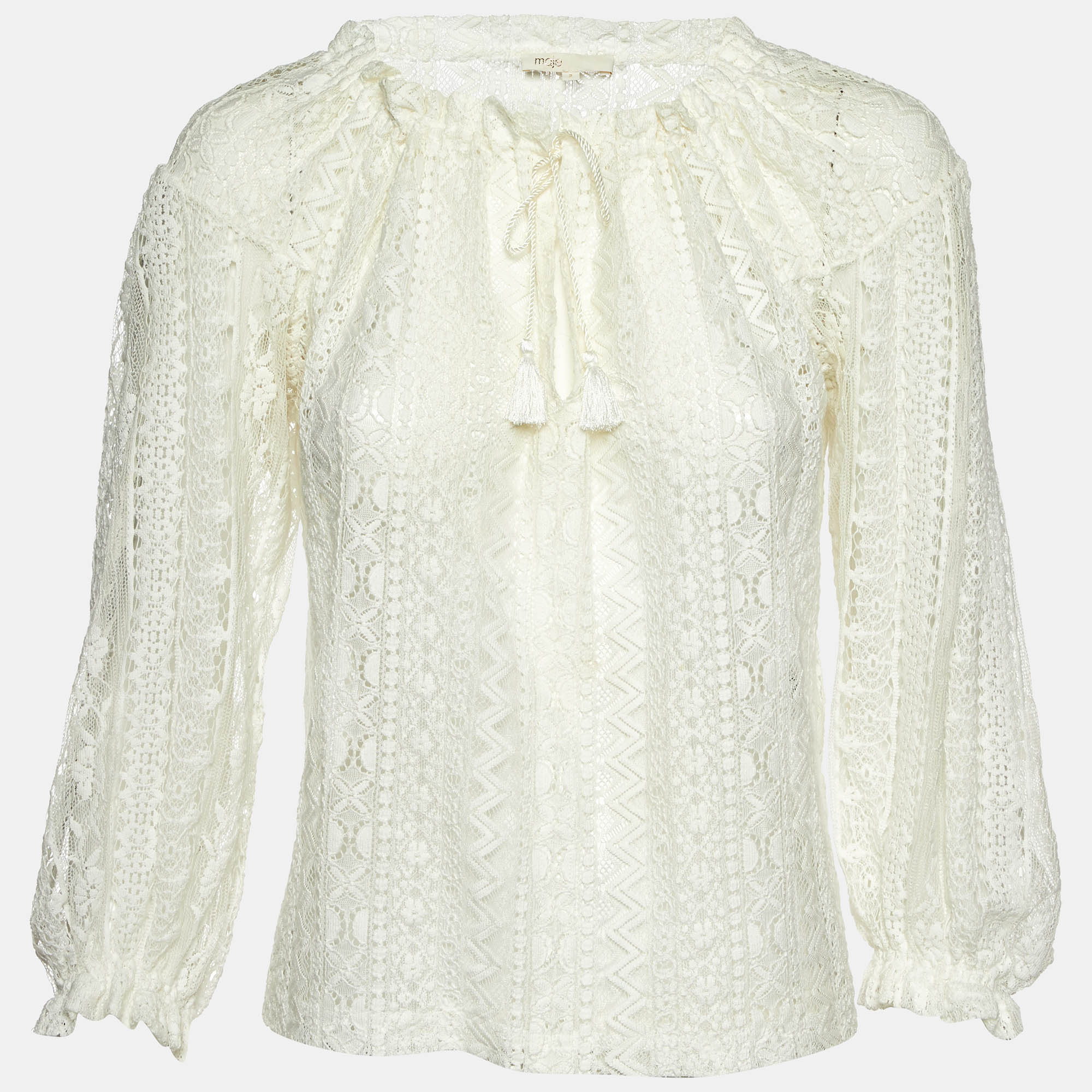 

Maje White Lace Ruffled Sheer Blouse M