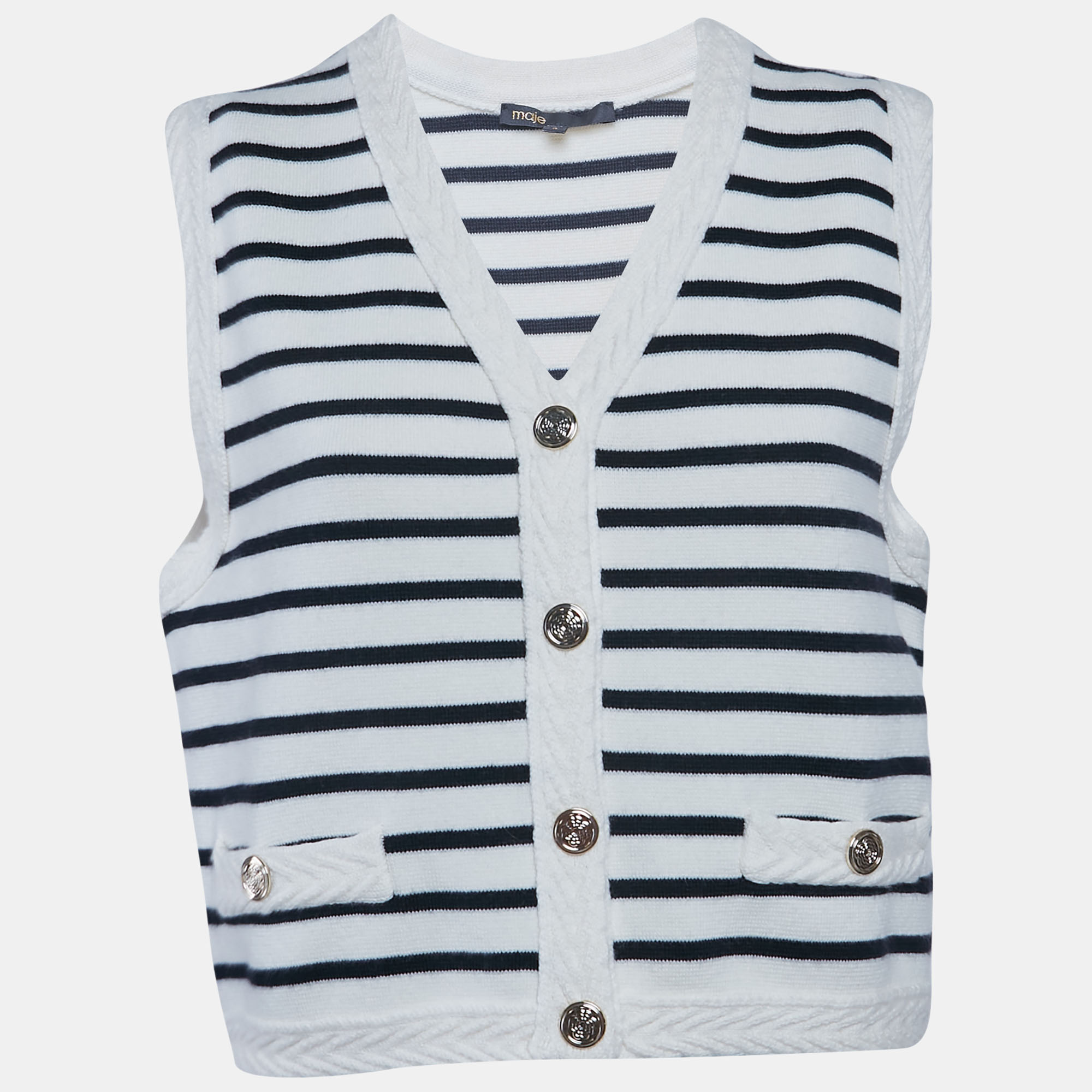 

Maje Navy Blue/White Stripe Wool Blend Knit Sleeveless Cardigan L