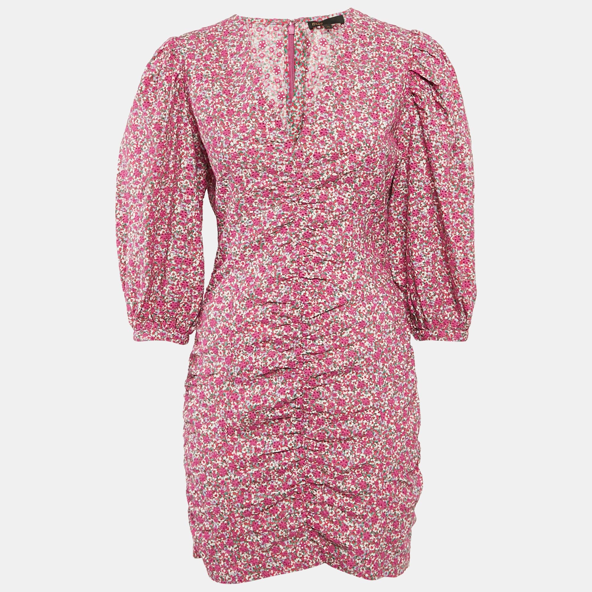 

Maje Fuchsia Pink Floral Print and Embroidery Puff Sleeve Mini Dress L