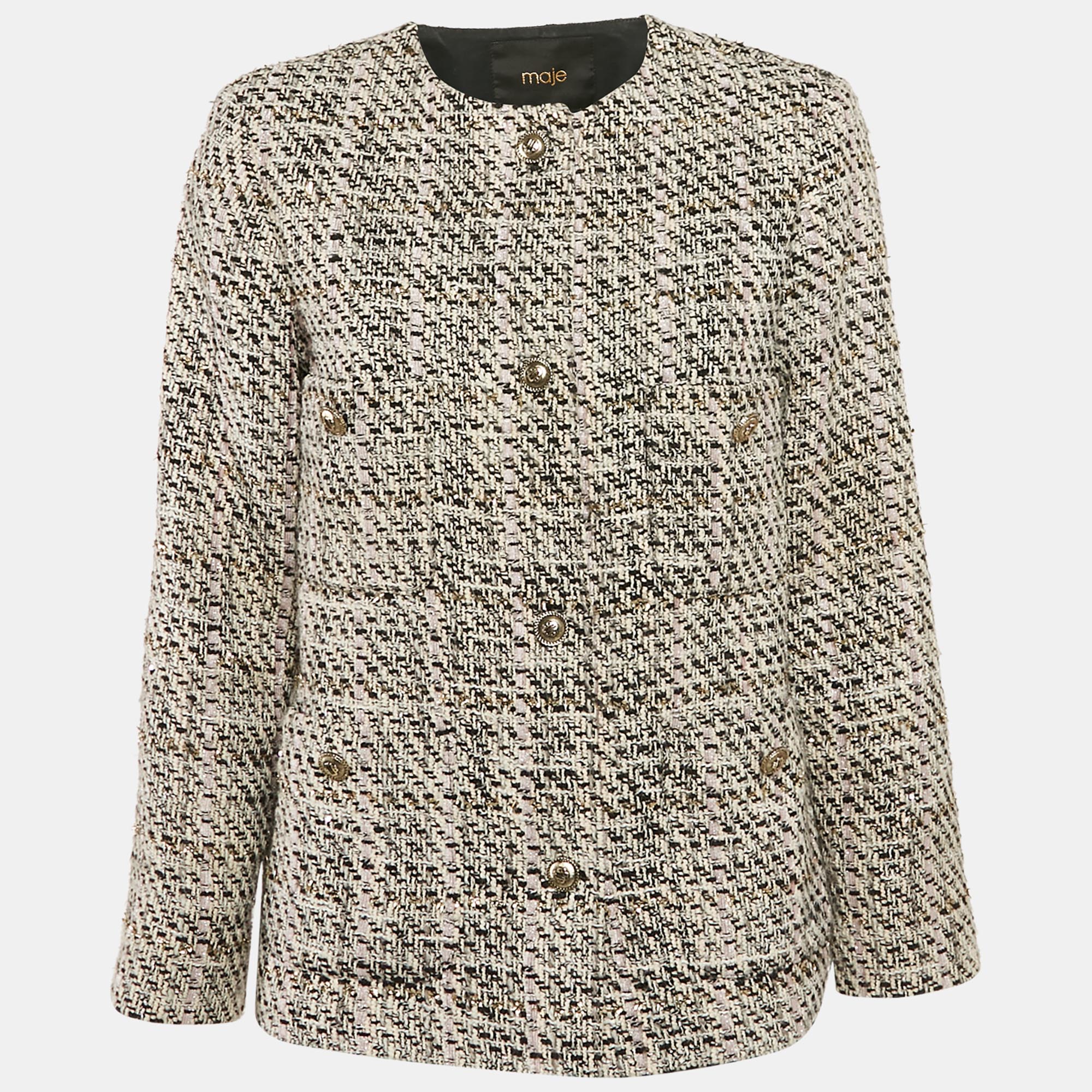 

Maje Pink/Multicolor Lurex Tweed Button Front Jacket L