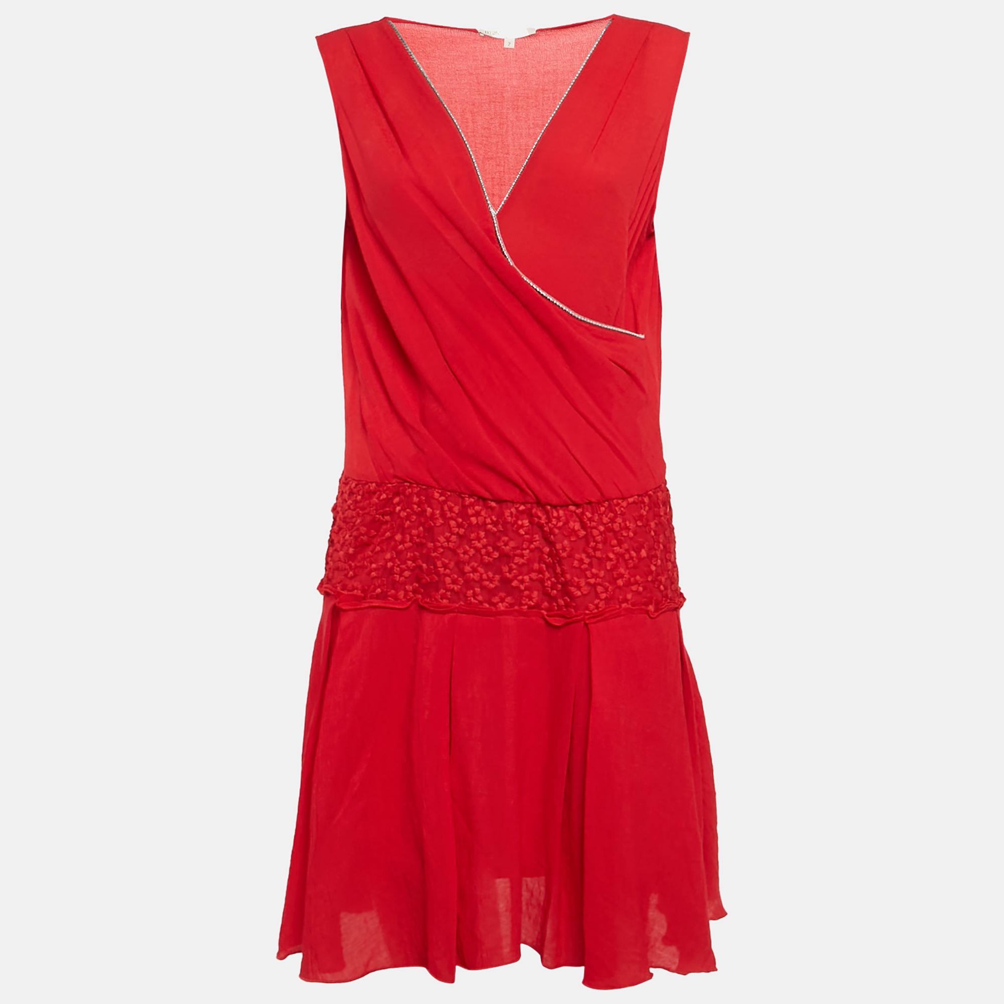 

Maje Red Embroidered Tulle Trim Crepe Short Dress M