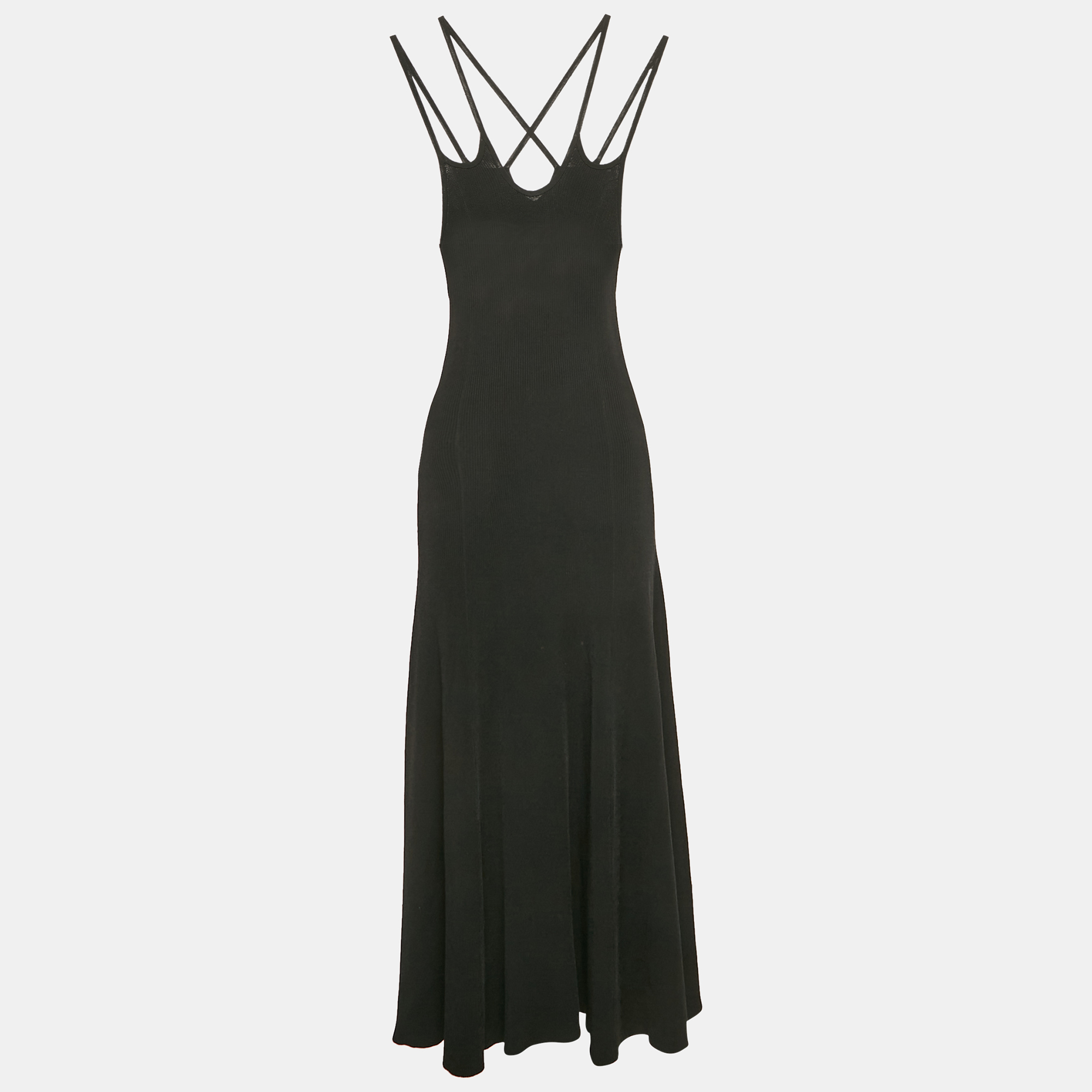 

Maje Black Rib Knit Strappy Flared Midi Dress L