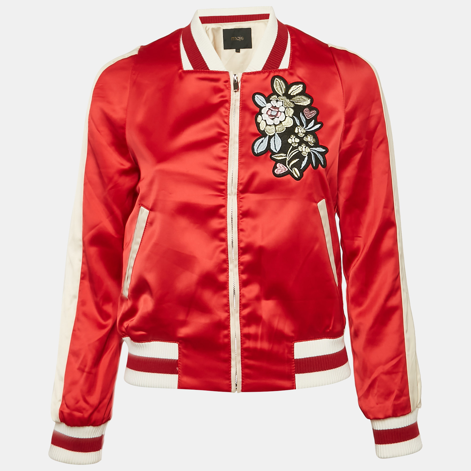 

Maje Red Floral Applique Satin Bomber Jacket S