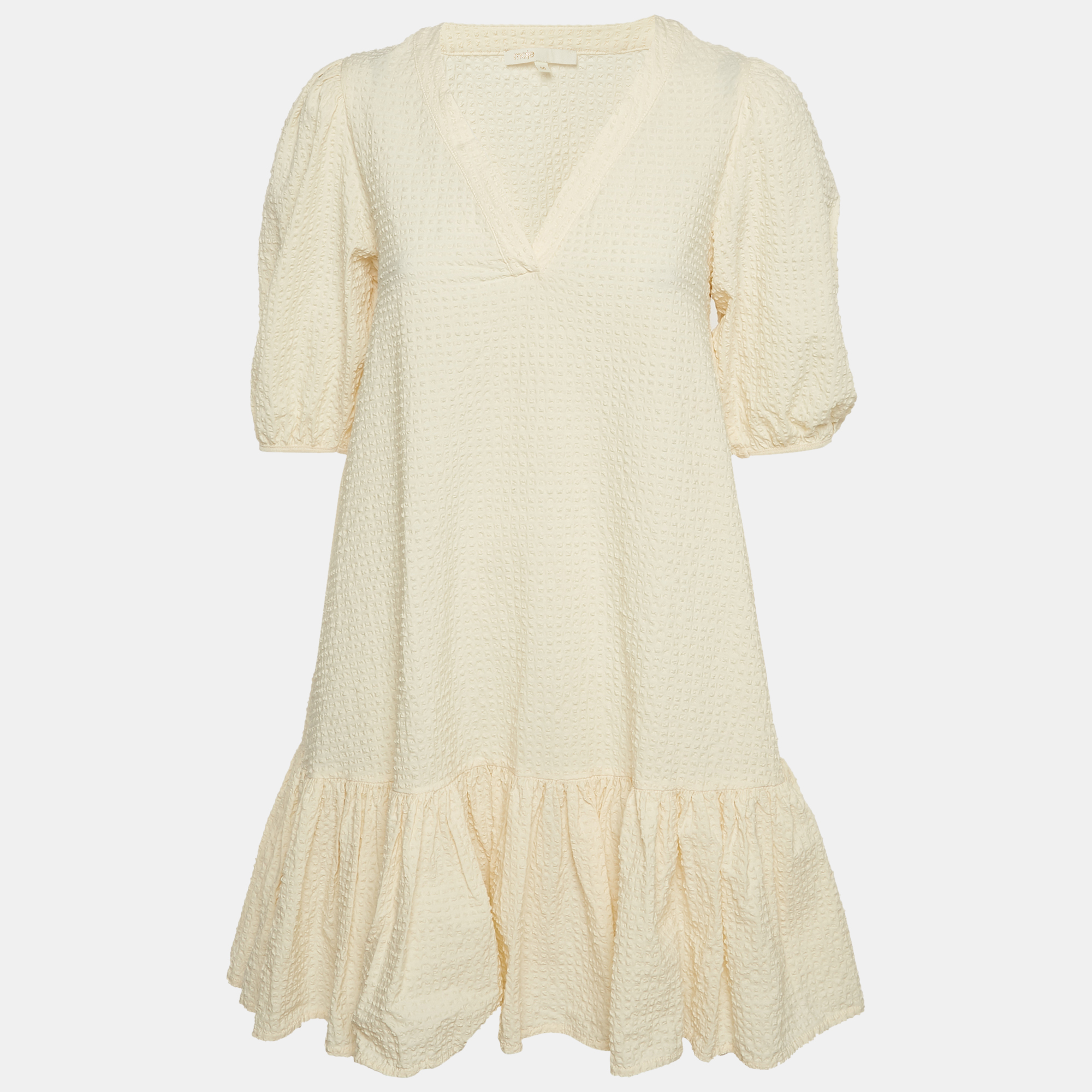 

Maje Cream Seersucker Flounce Mini Dress S