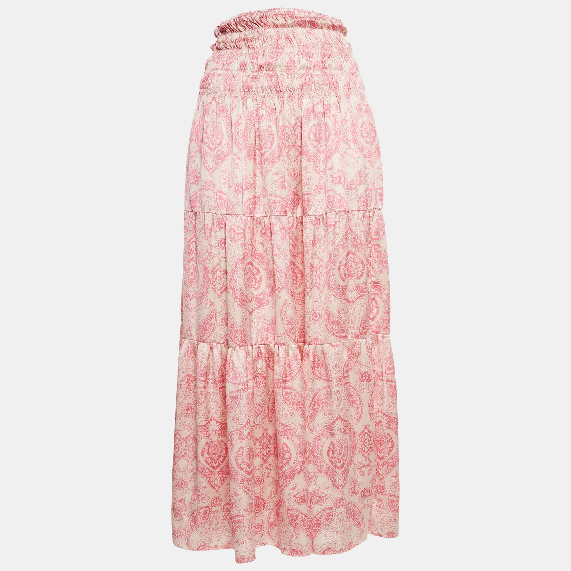 

Maje Pink Paisley Print Satin Silk Smocked Maxi Skirt S