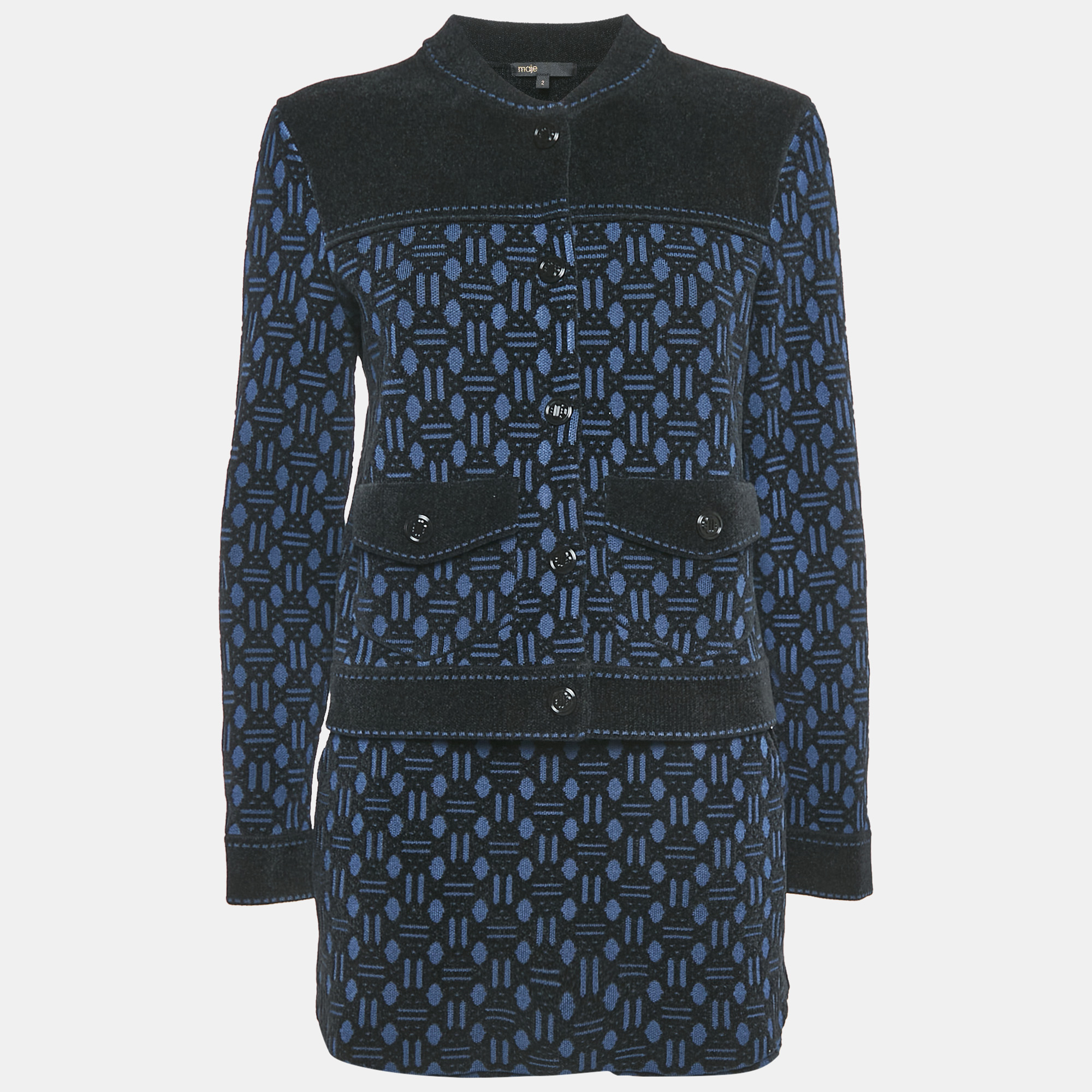 

Maje Navy Blue Monogram Jacquard Jacket and Skirt Set M