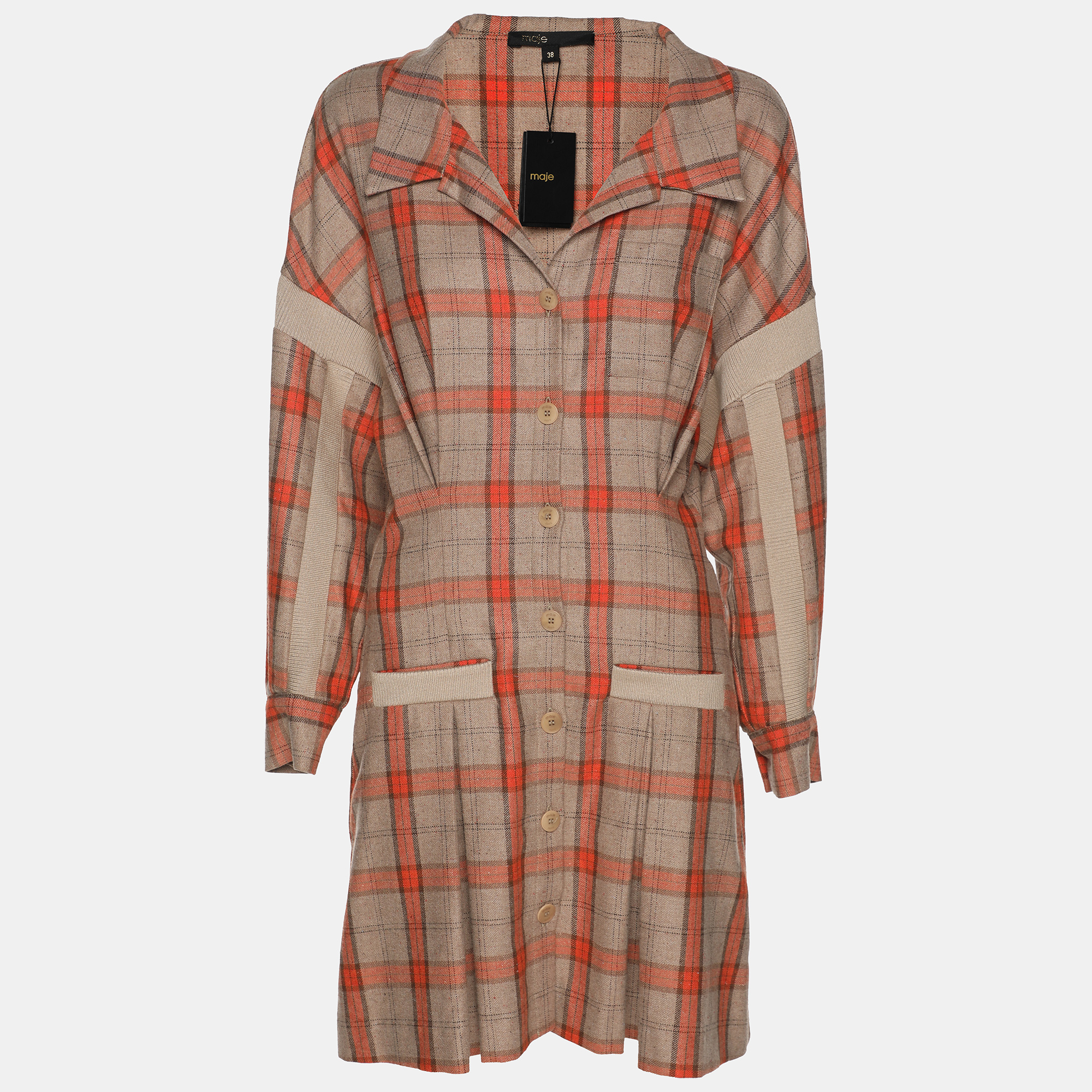 

Maje Beige/Orange Check Wool Blend Knit Shirt Dress M