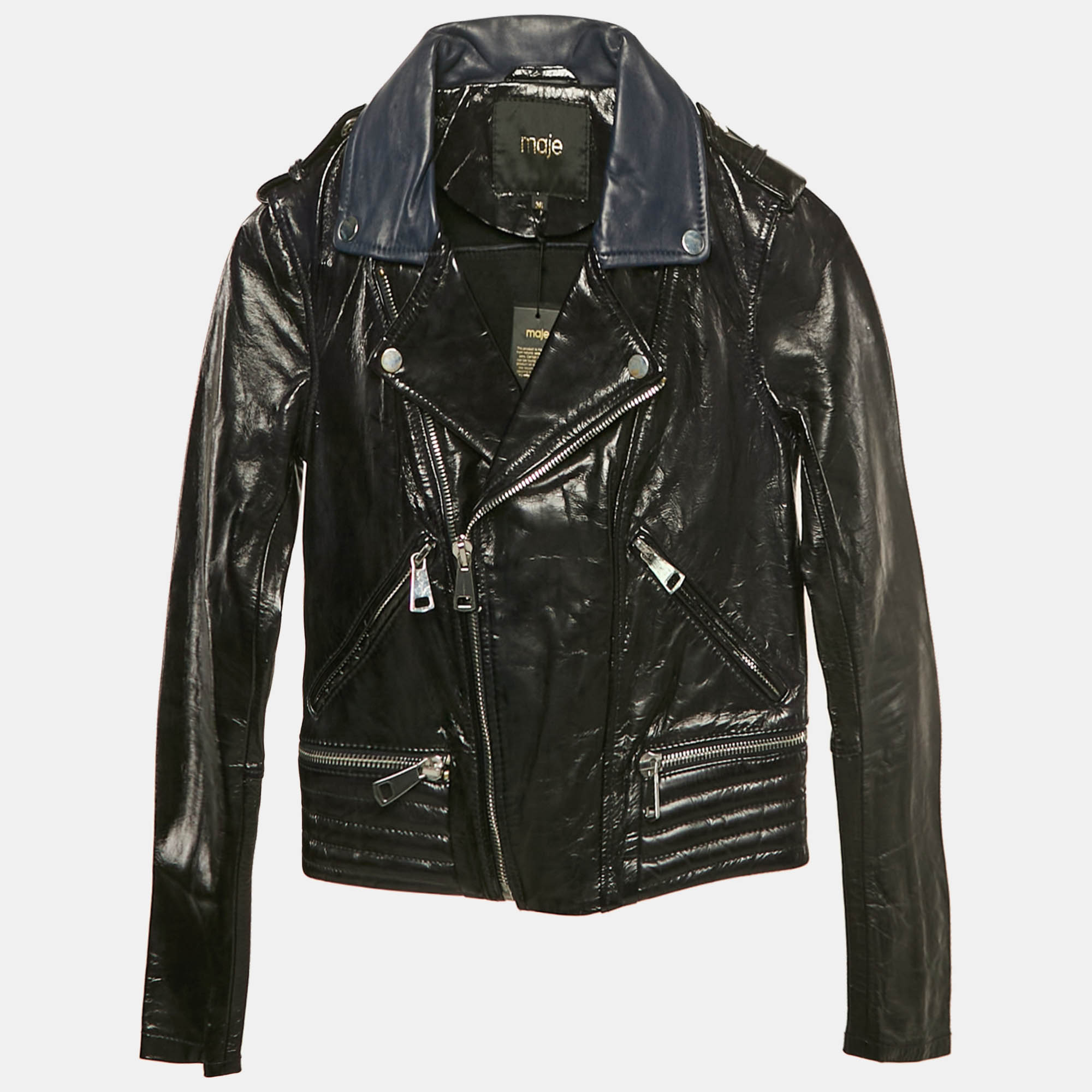 

Maje Navy Blue Leather Zip-Up Leather Jacket S