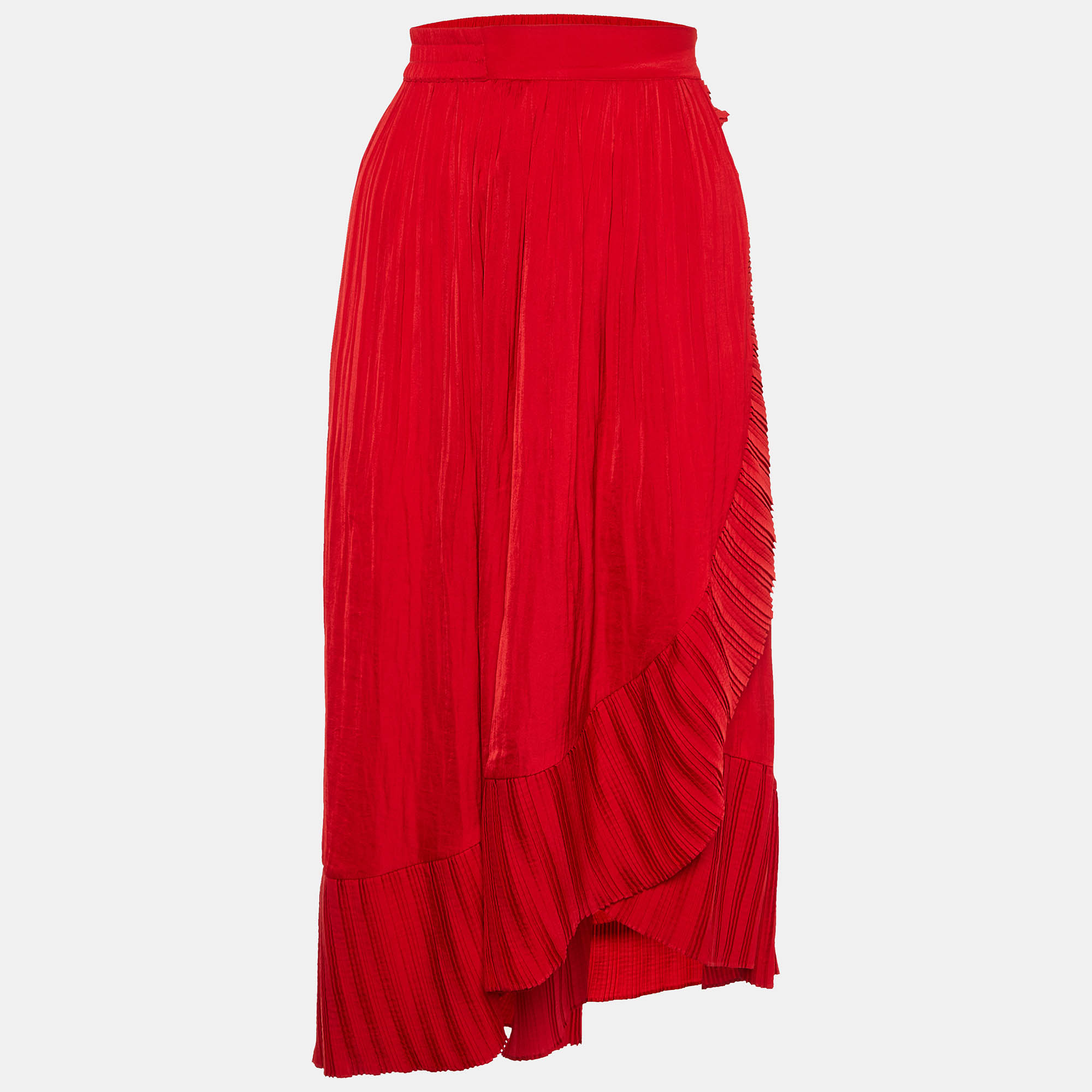 

Maje Rouge Sateen Jonette Faux Wrap Midi Skirt M, Red