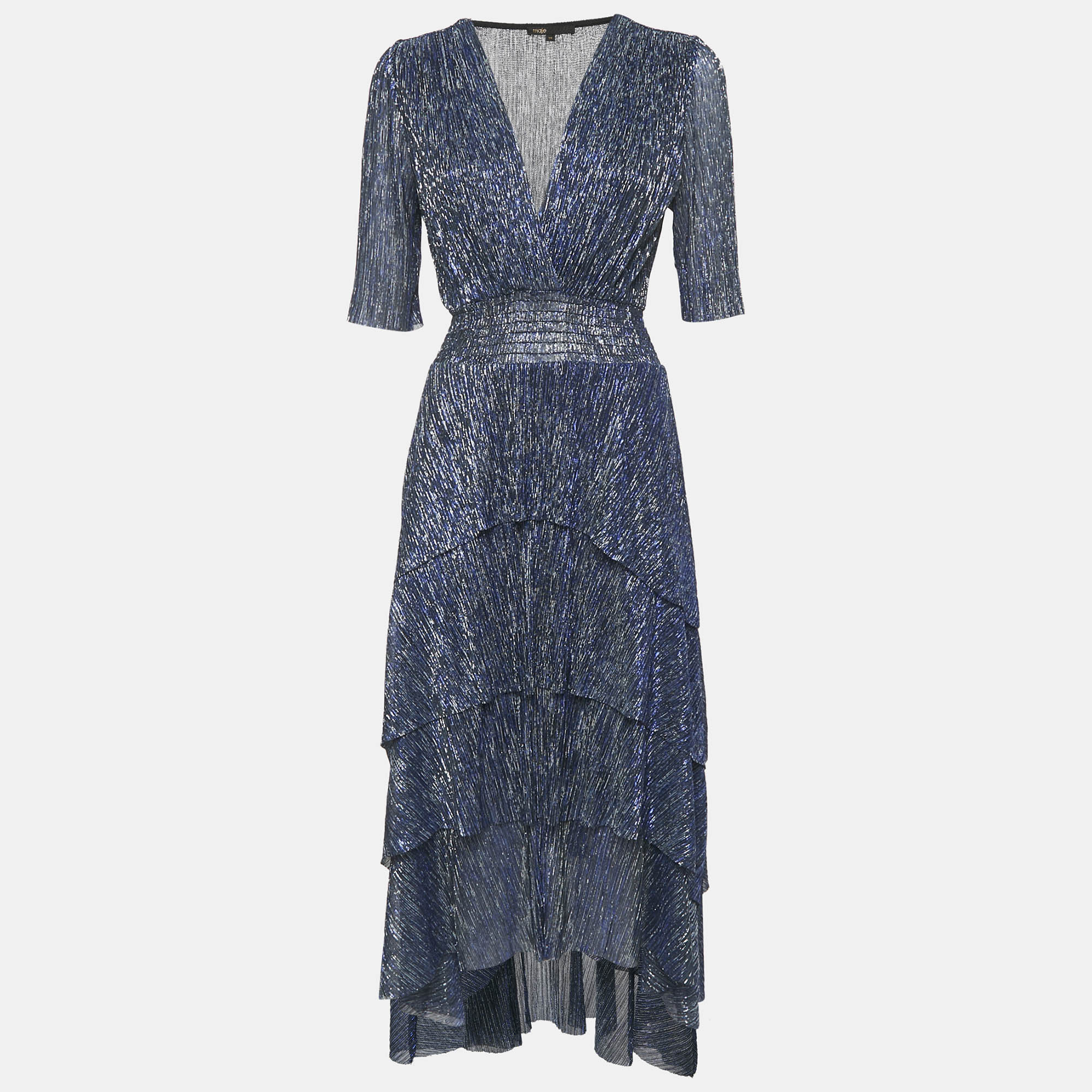 

Maje Marine Blue Lurex Knit Ruffled Midi Dress M
