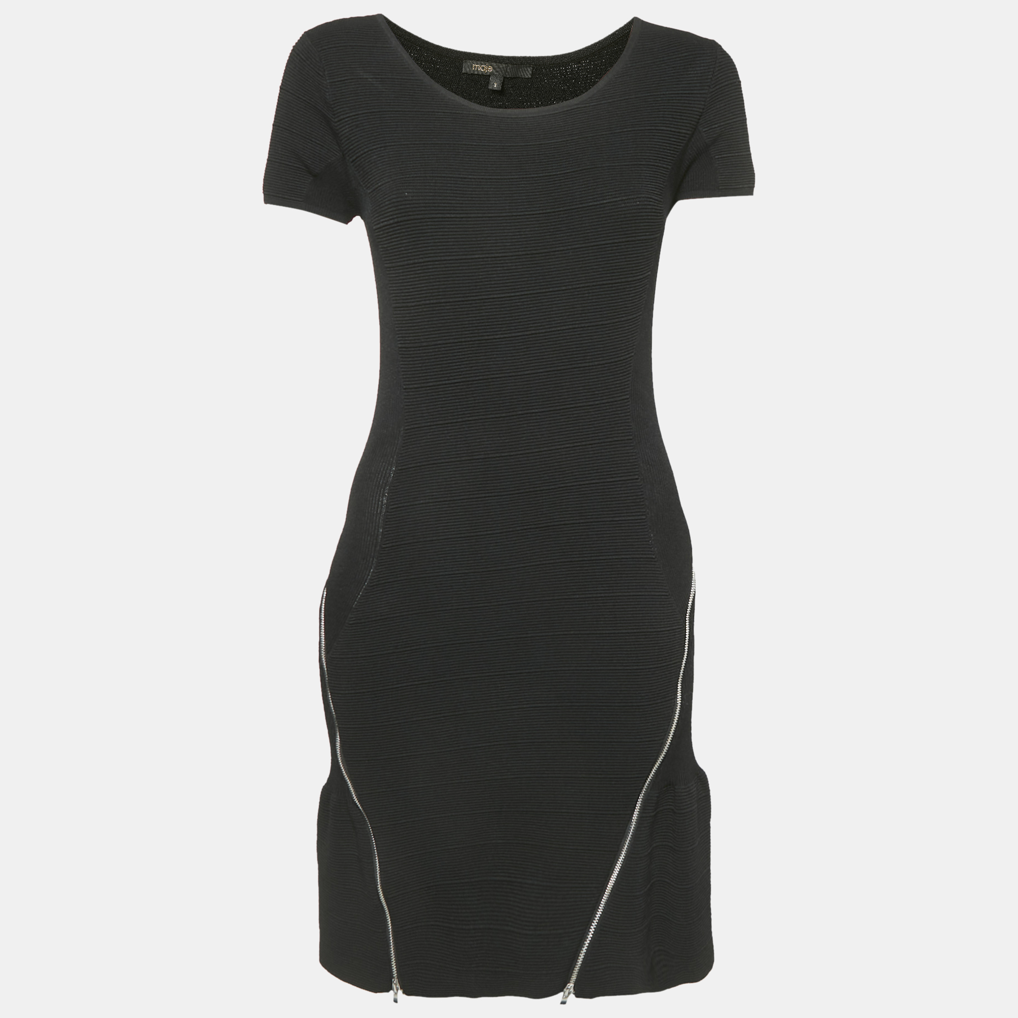 

Maje Black Patterned Knit Zip Detail Short Dress S
