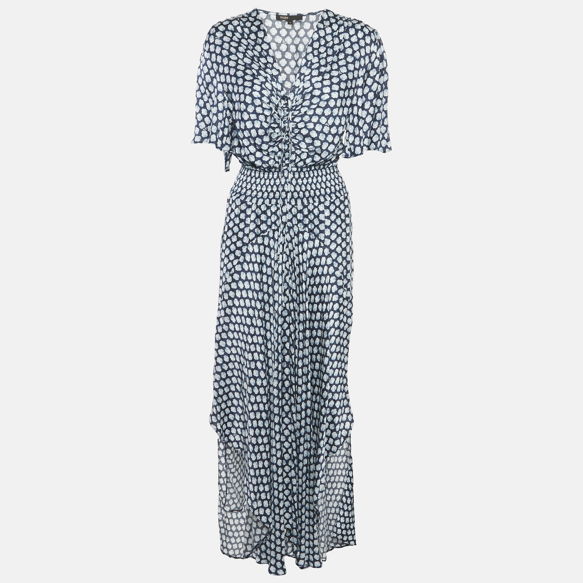 

Maje Navy Blue Printed Crepe Shirring Maxi Dress L