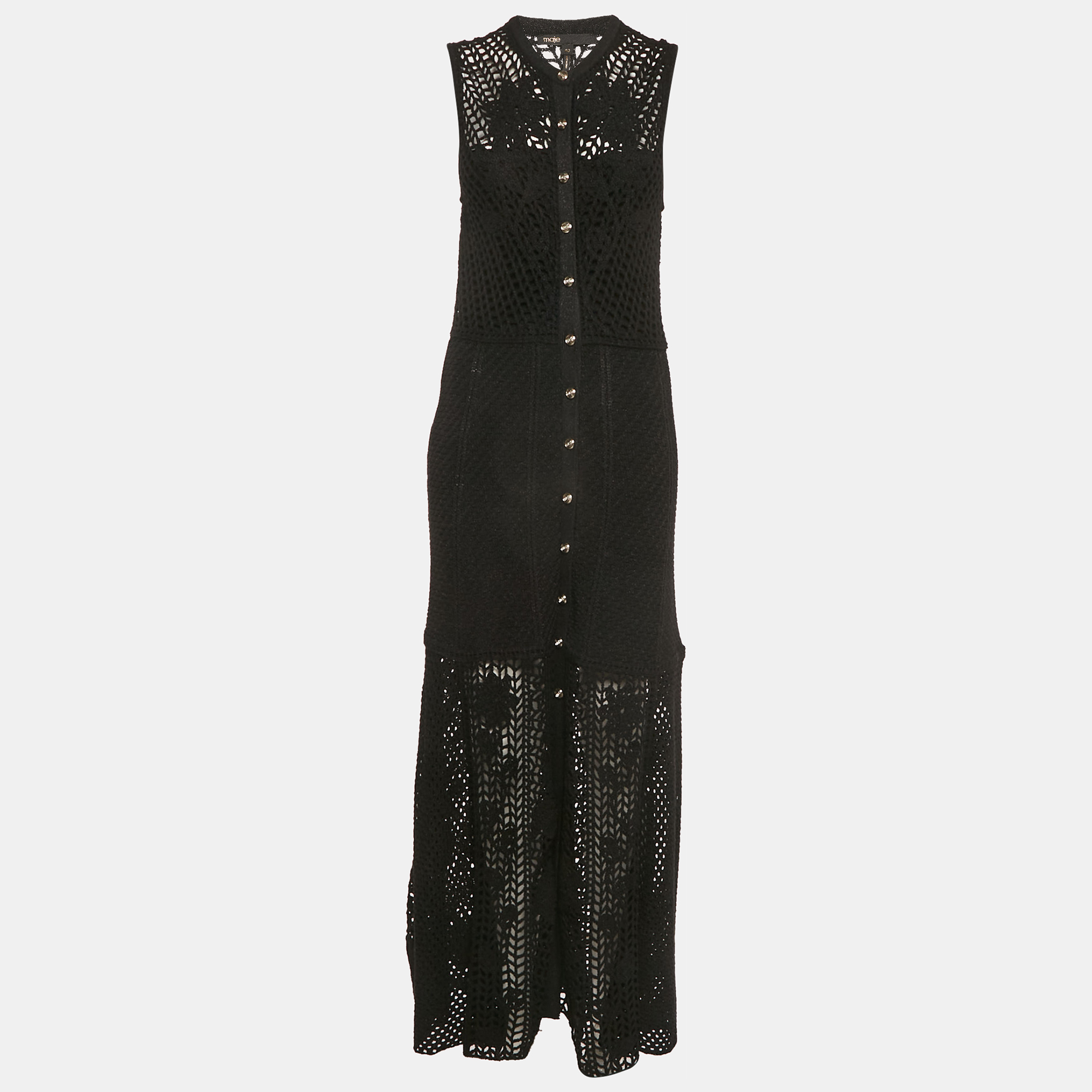 

Maje Black Rita Crochet-Knit Midi Dress L