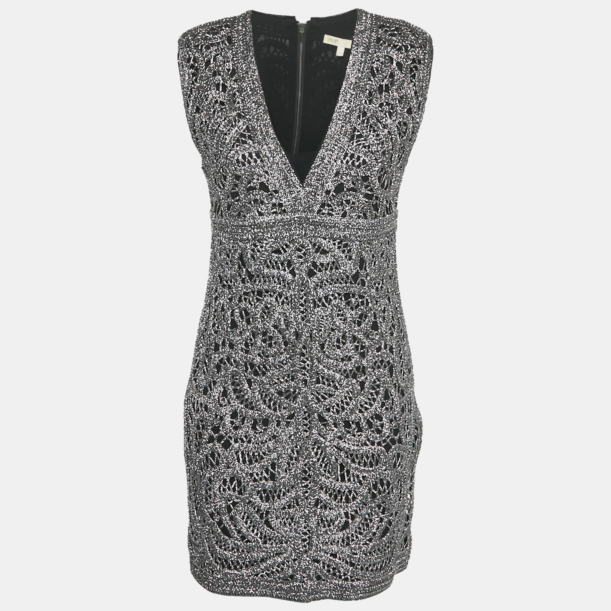 

Maje Silver Lurex Crochet Sleeveless Mini Dress M, Metallic