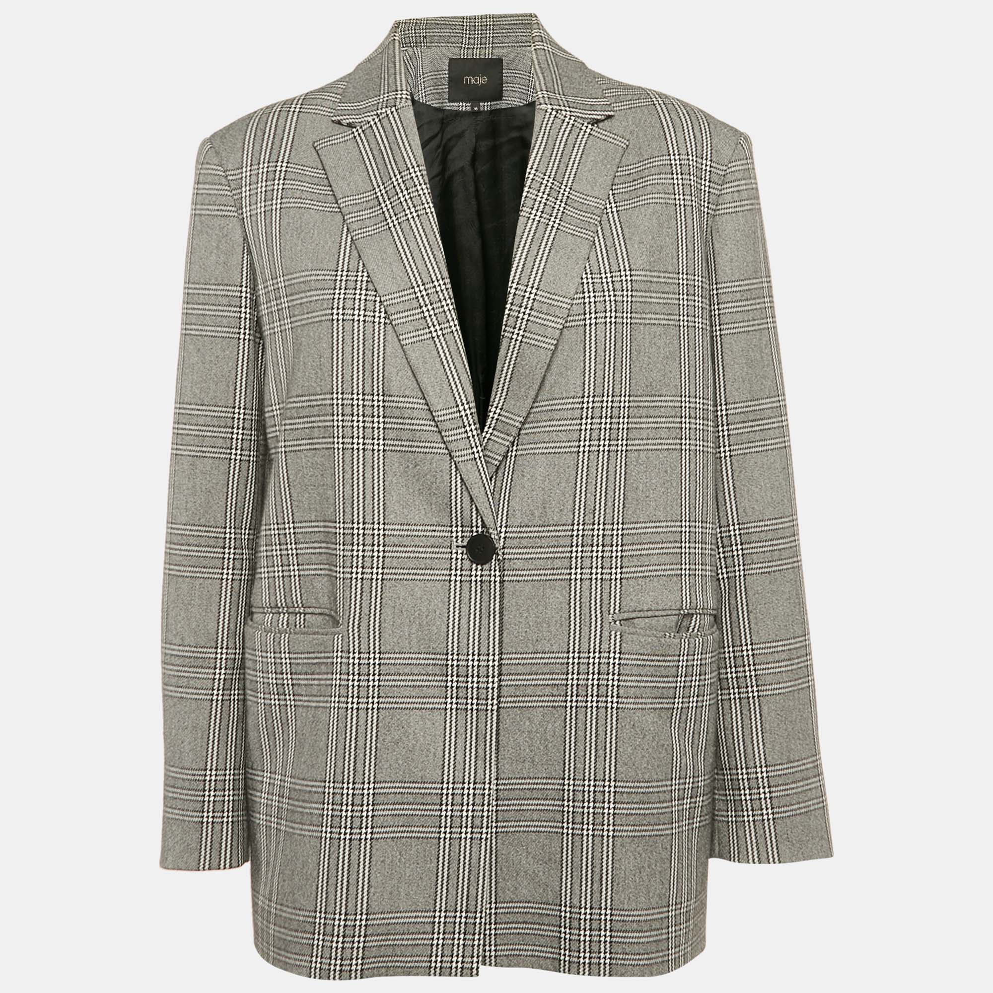 

Maje Grey Plaid Houndstooth Single Breasted Blazer M