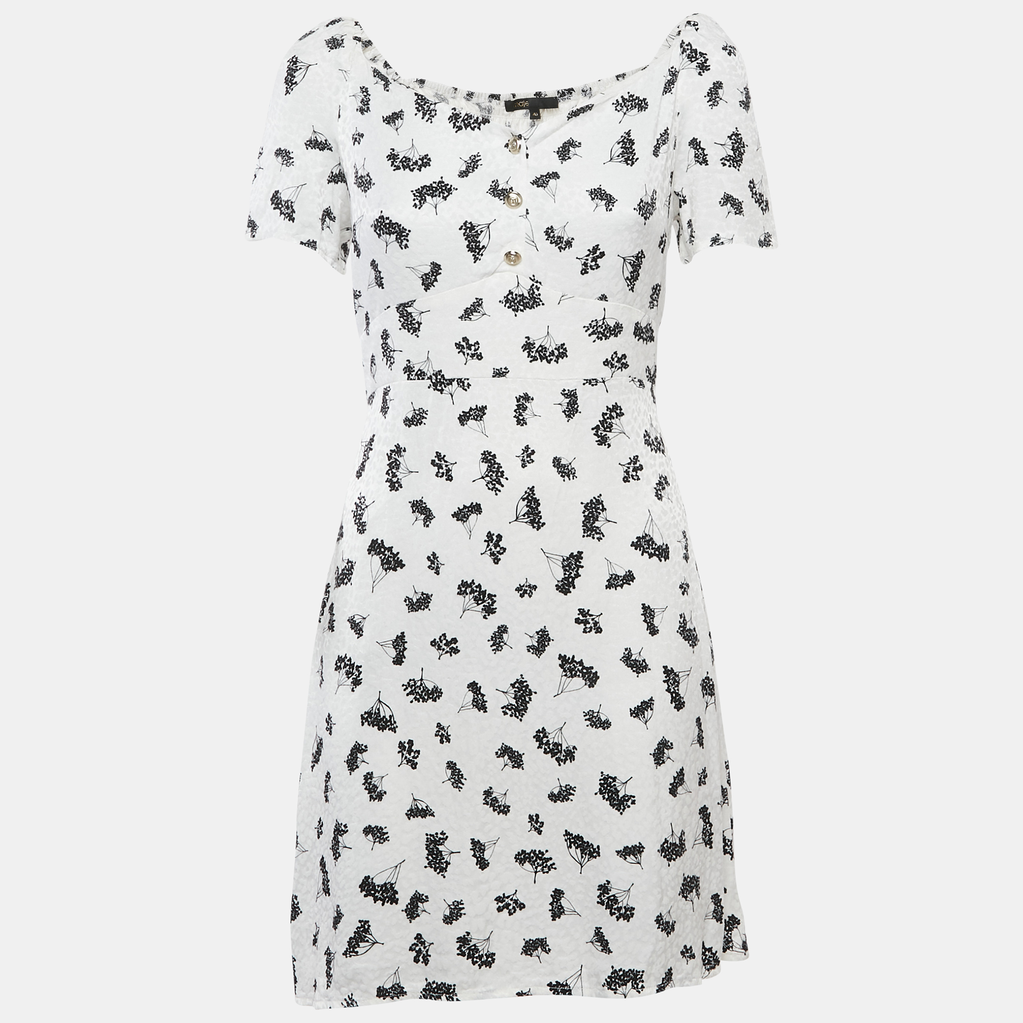 

Maje White Patterned Crepe Printed Smocked Mini Dress S