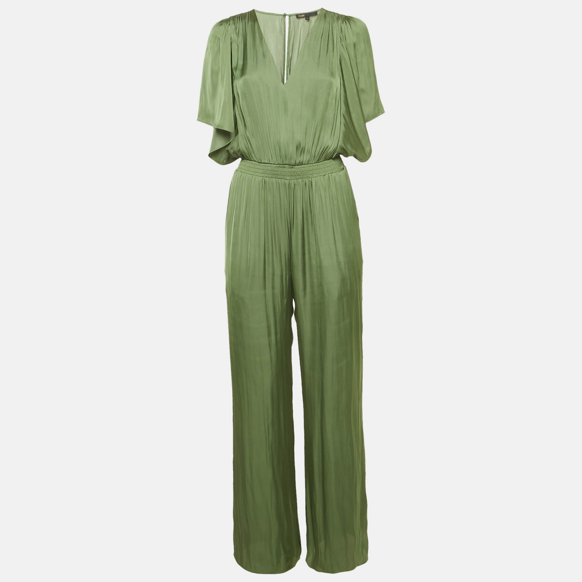 

Maje Khaki Green Satin Smocked Jumpsuit S