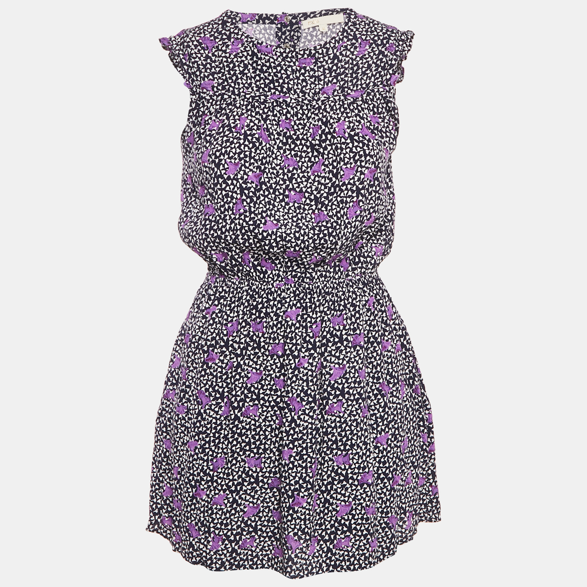 

Maje Navy Blue Floral Print Crepe Pensées Marine Parme Mini Dress S