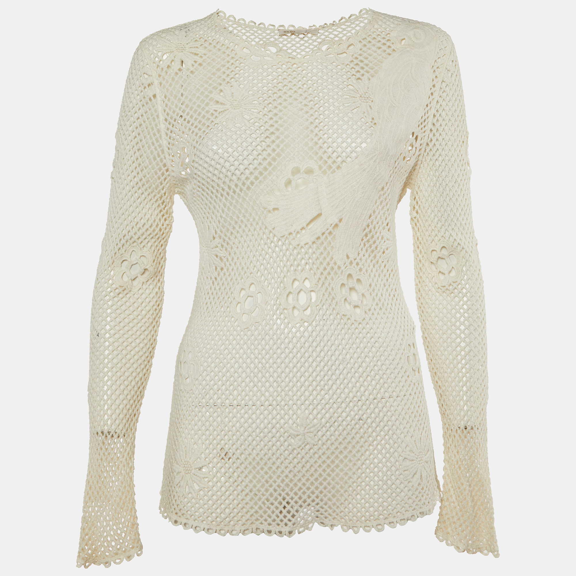 

Maje Off White Embroidered Mesh Loriquet Long Sleeve Top M