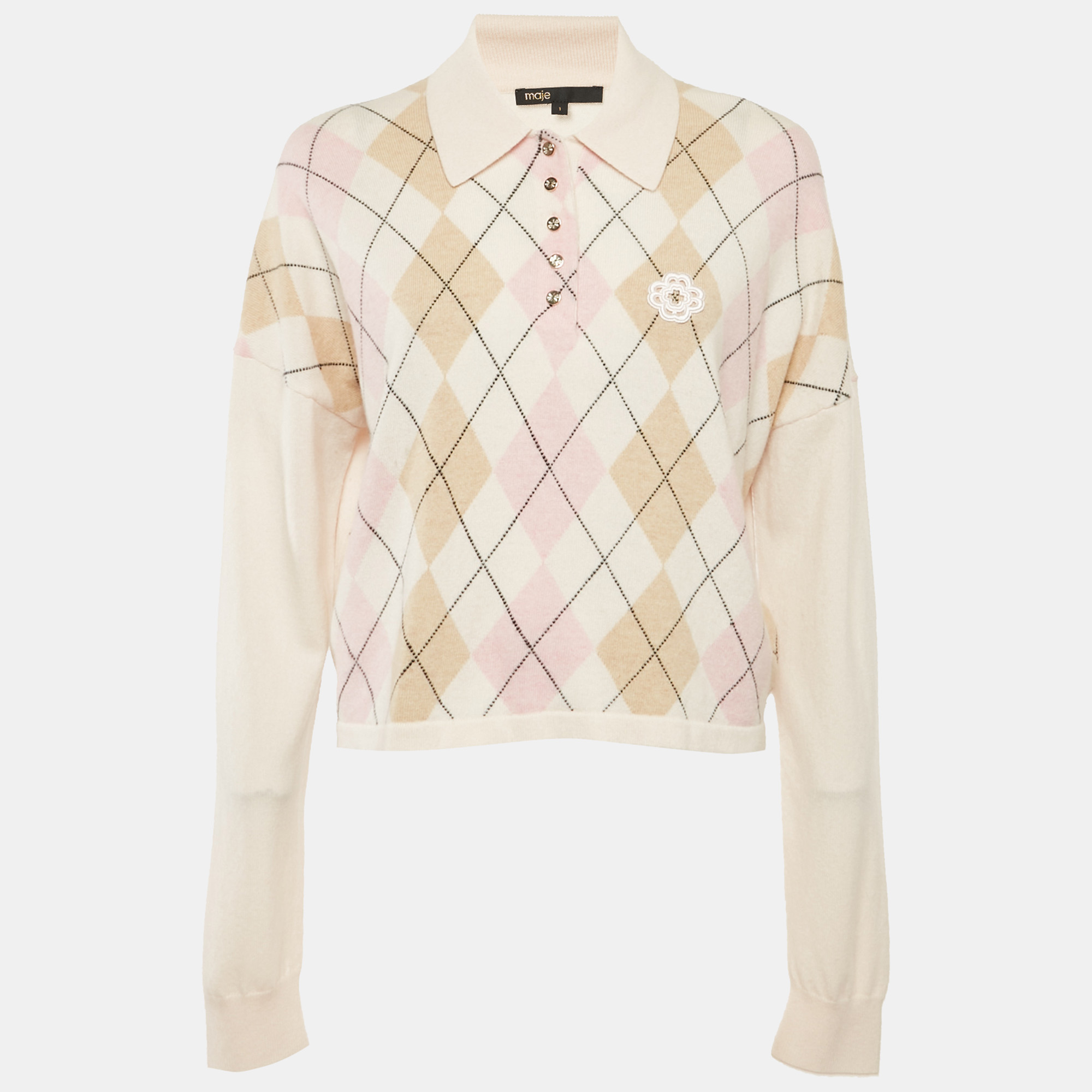 

Maje Pink Argyle Knit Collared Sweatshirt S