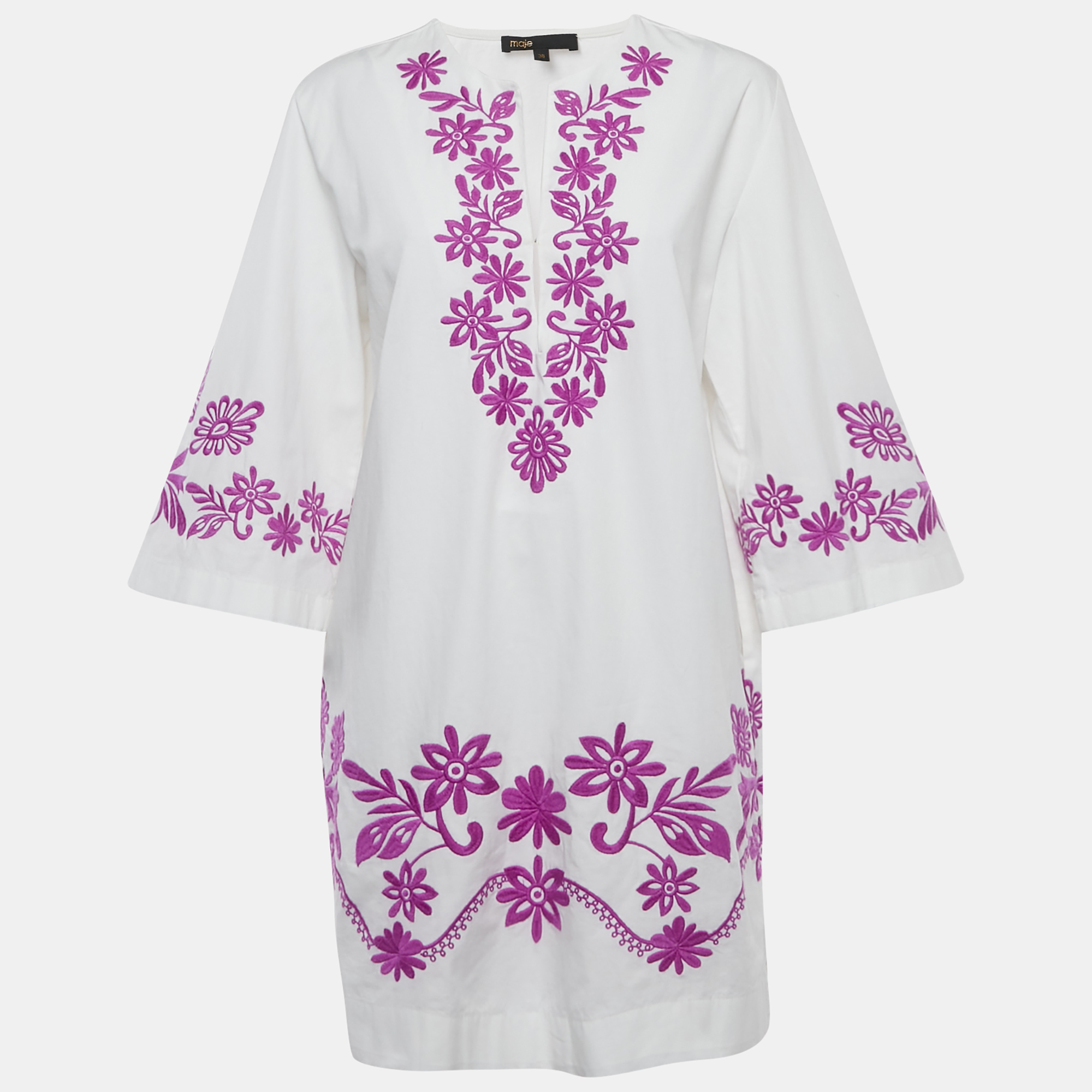 

Maje White Floral Embroidery Cotton V-Neck Mini Dress M