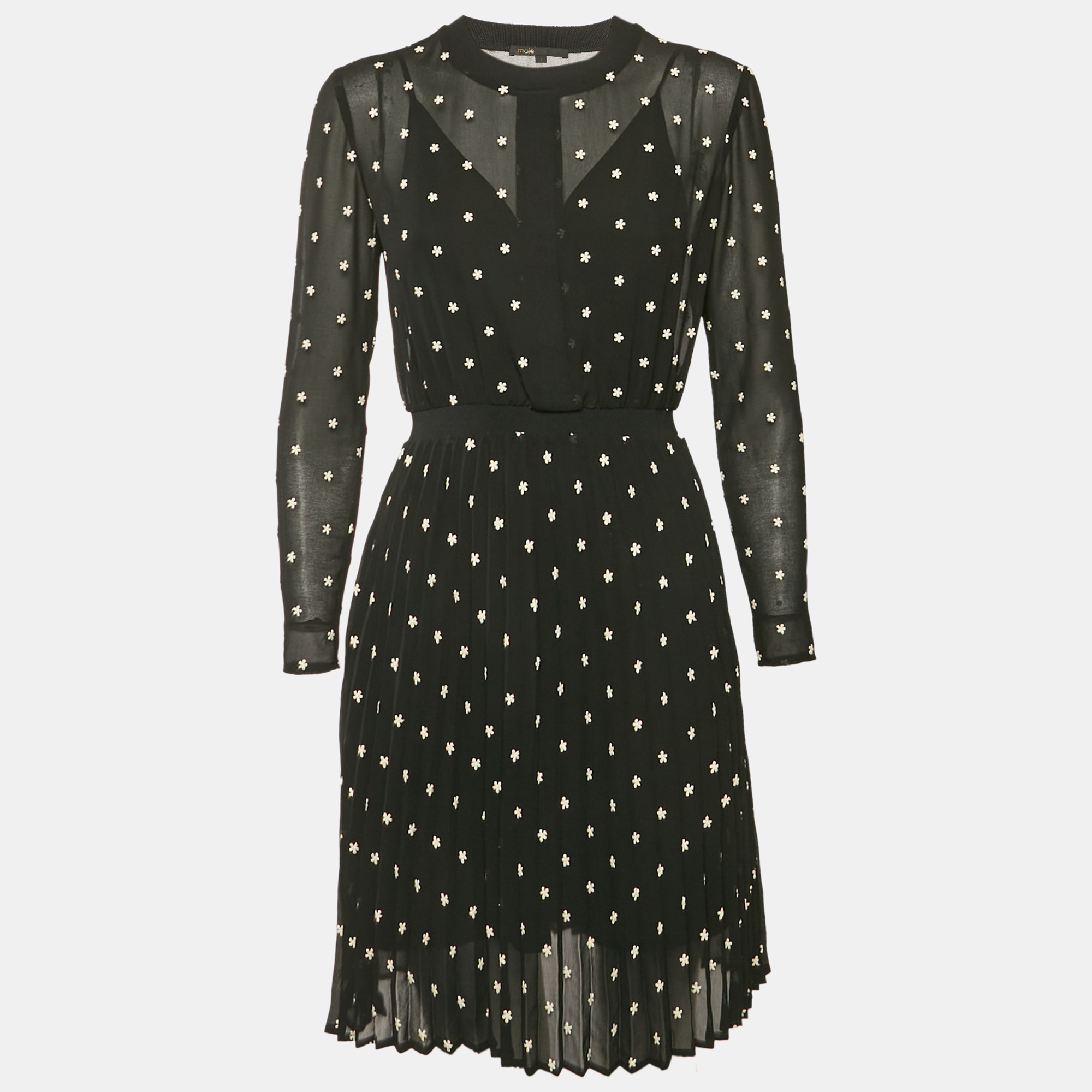 

Maje Black Floral Embroidery Georgette Pleated Rivola Short Dress S