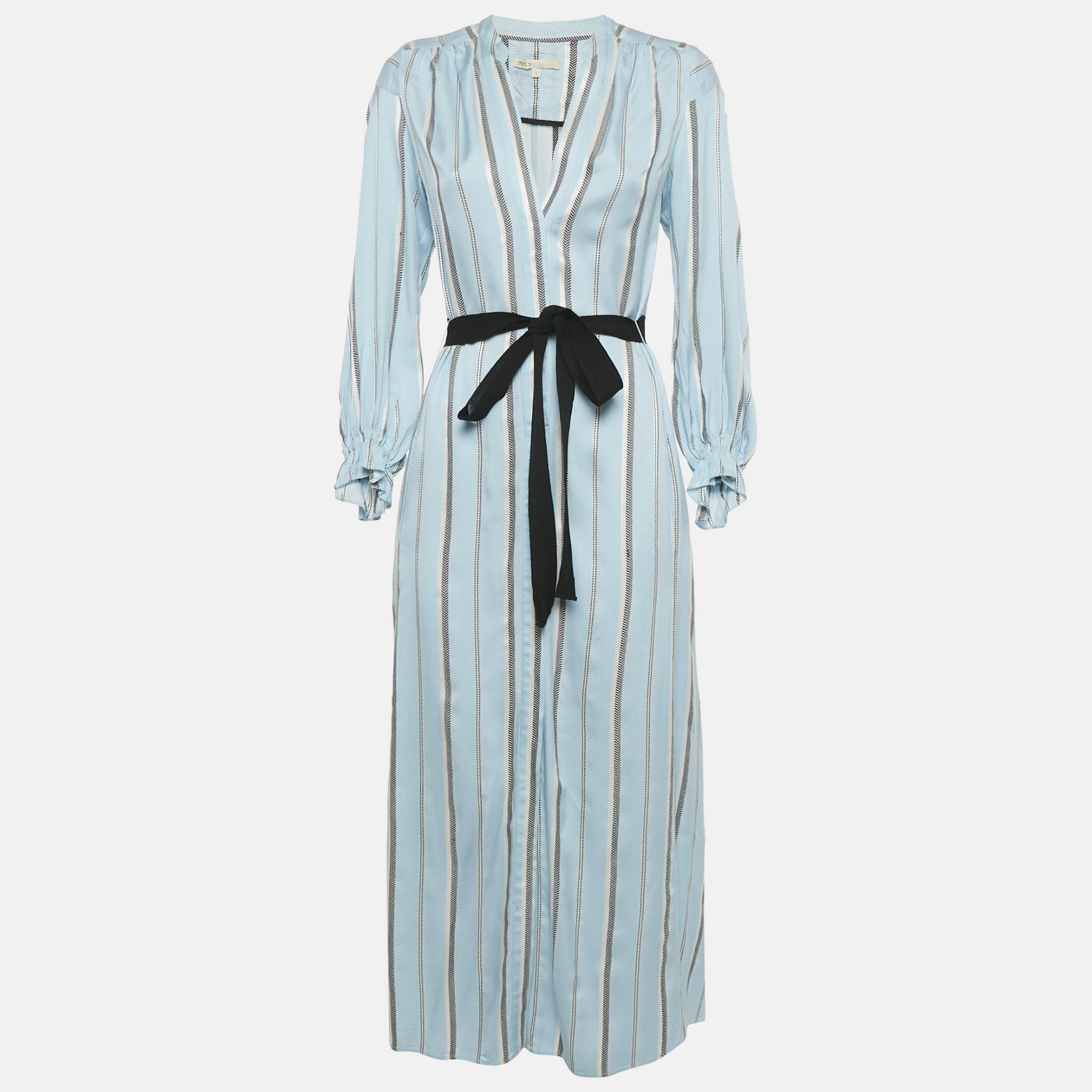 

Maje Blue Stripe Crepe Button Front Belted Maxi Dress S