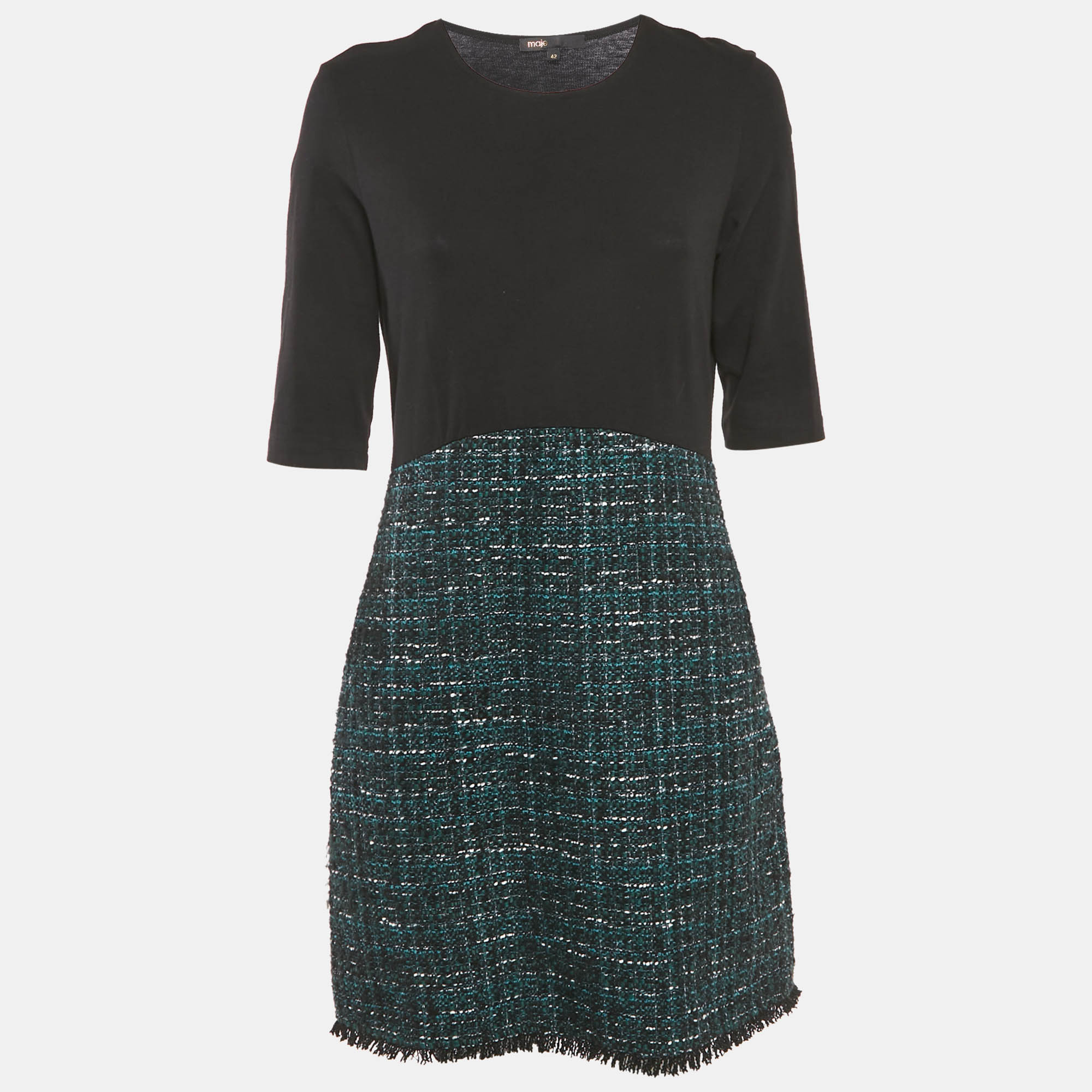 

Maje Black/Green Tweed and Cotton Knit Mini Dress XL