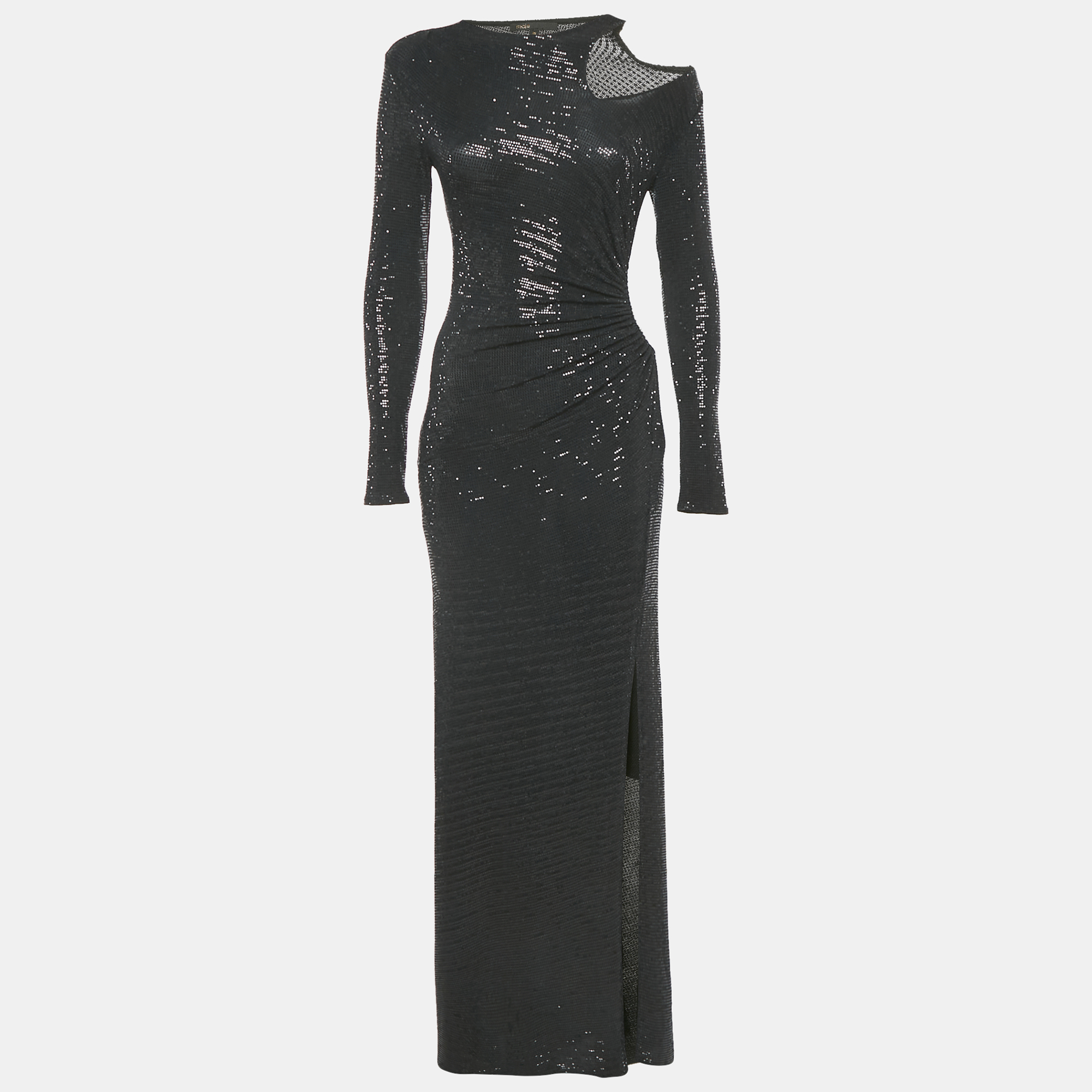 Pre-owned Maje Black Sequin Jersey Cold-shoulder Maxi Dress S