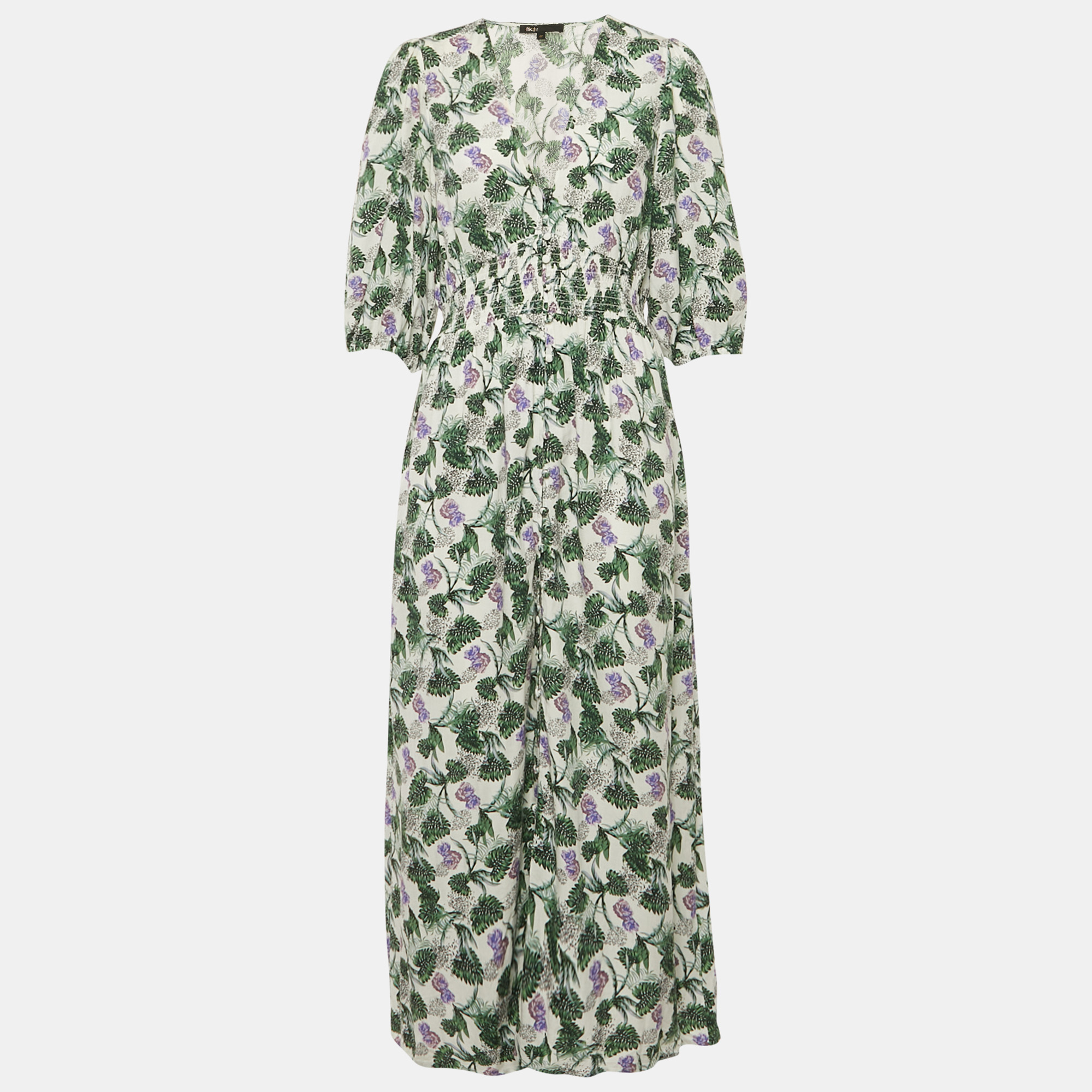 Pre-owned Maje White Printed Linen Blend V-neck Midi Dress Xl