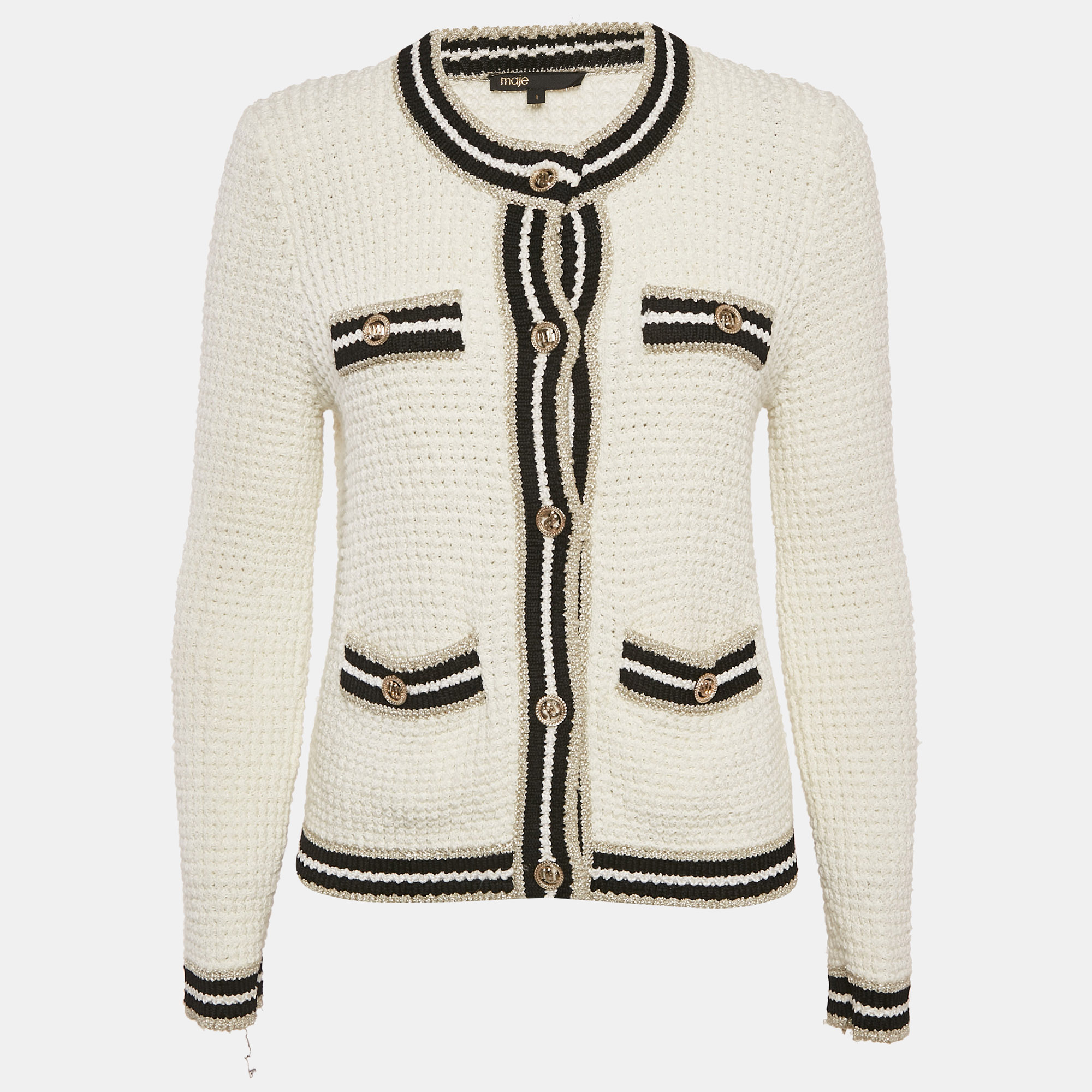 

Maje White Cotton and Linen Crochet Button Front Cardigan S